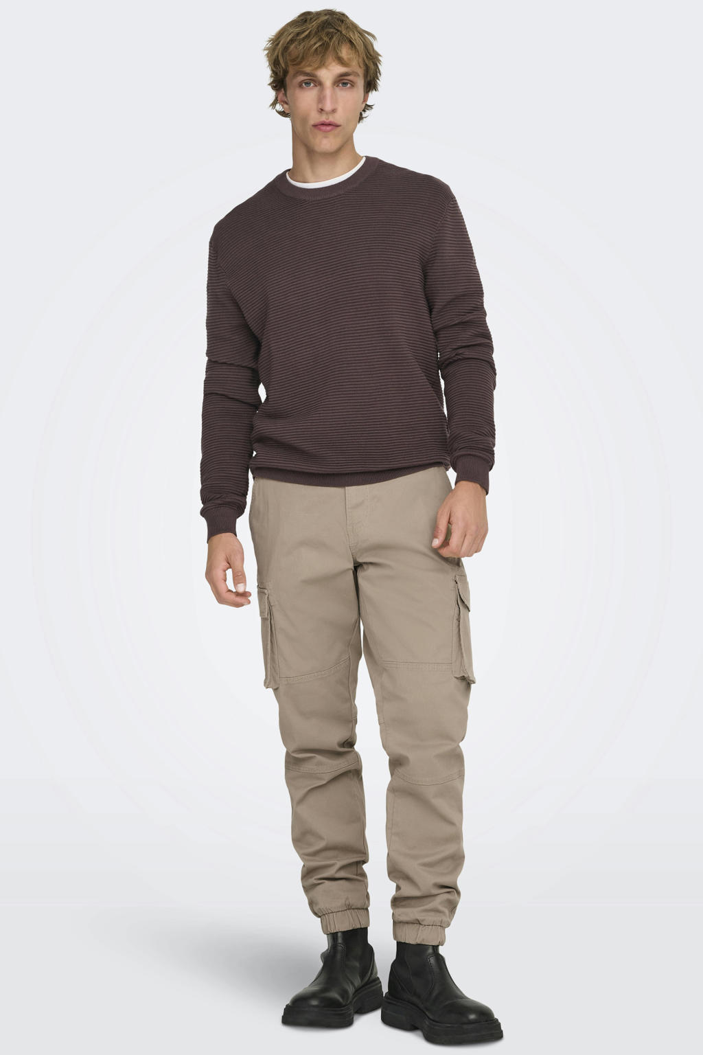 Donkerpaarse heren ONLY & SONS katoenen regular fit gebreide trui met lange mouwen en ronde hals
