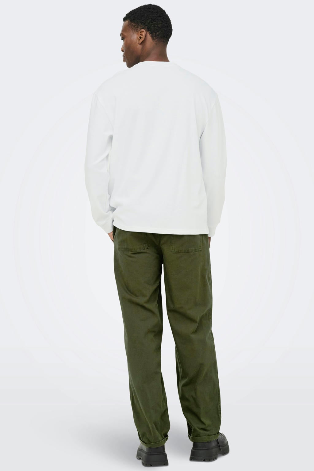 Witte heren ONLY & SONS relaxed fit longsleeve van katoen met effen, lange mouwen en ronde hals