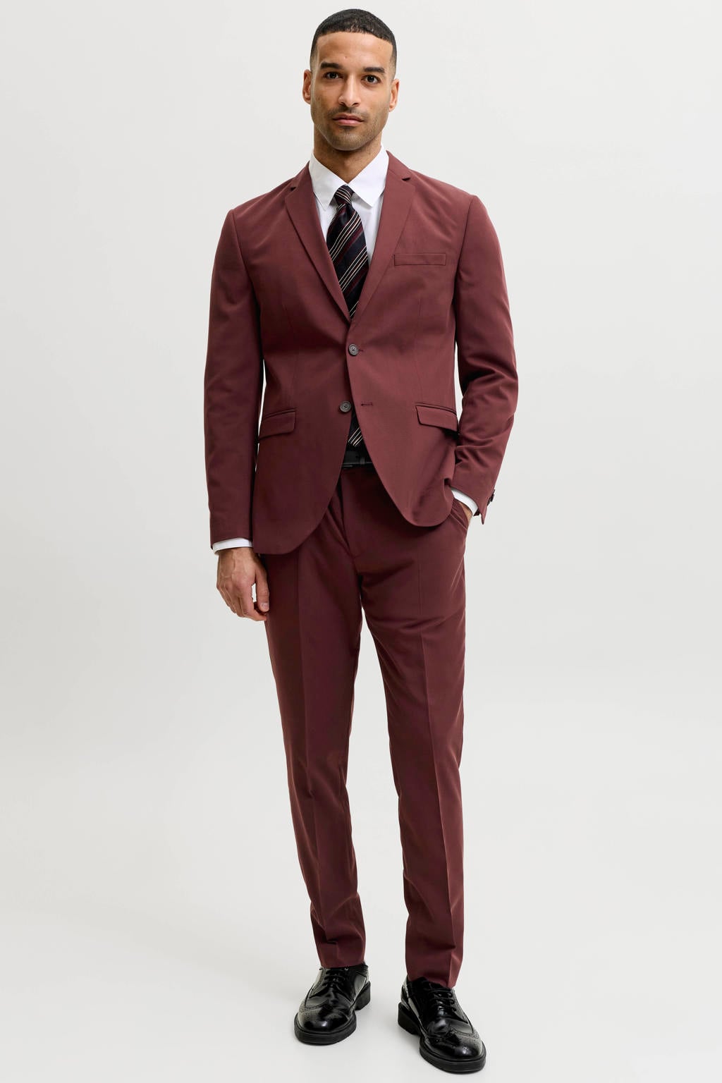 Roodbruine heren JACK & JONES PREMIUM super slim fit kostuum bruin met effen en geweven detail