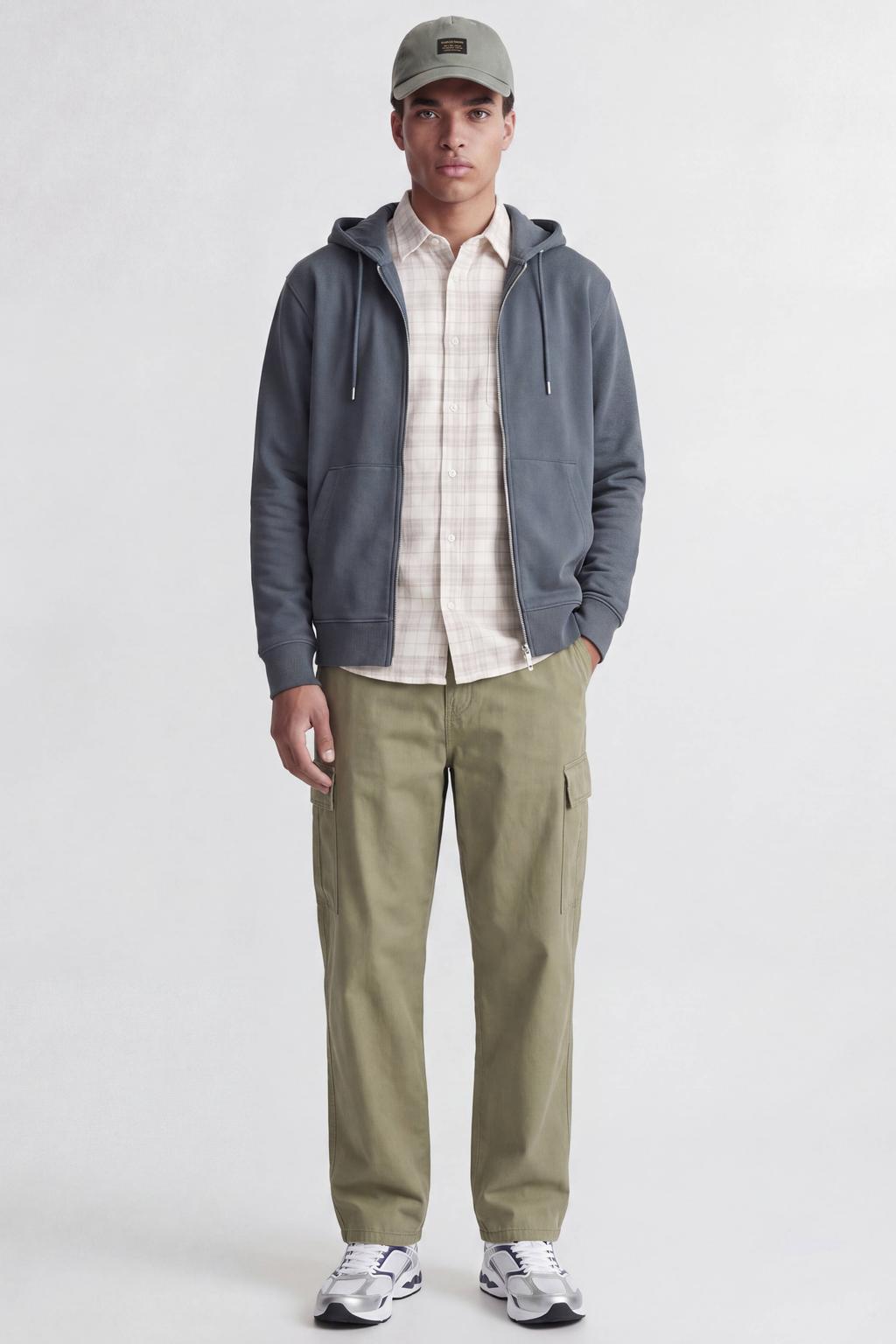 Grijsblauwe heren JACK & JONES ESSENTIALS sweatvest blauw met effen, lange mouwen, capuchon, ritssluiting en geribde boorden