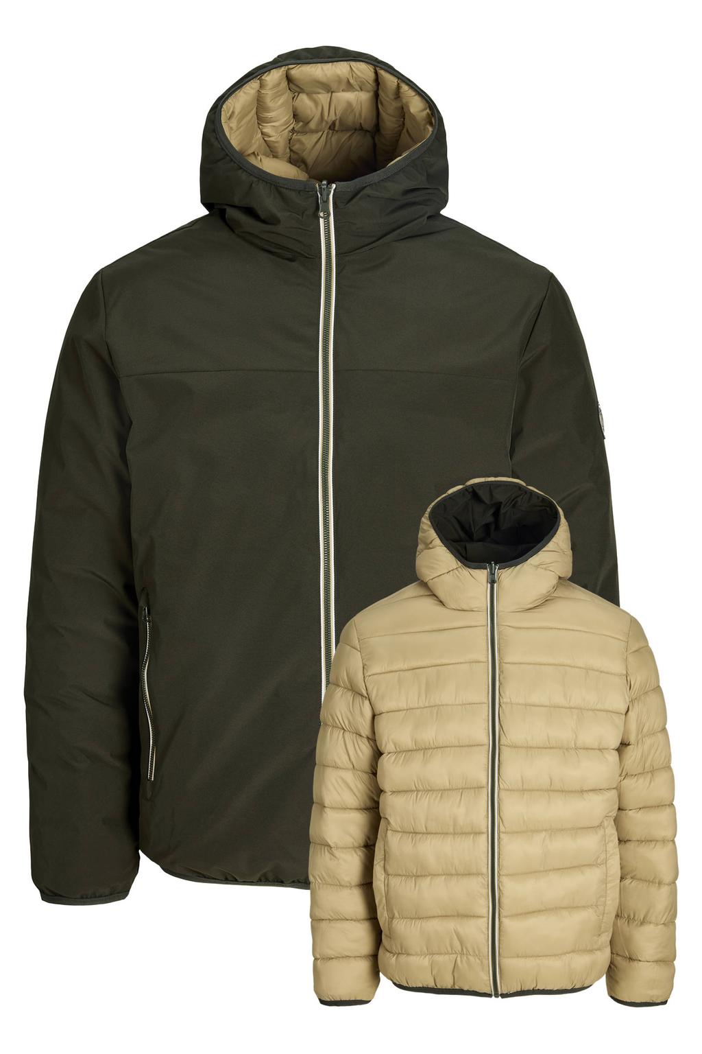 Donkergroene heren JACK & JONES ESSENTIALS tussenjas van polyester met effen, lange mouwen, capuchon, ritssluiting en reversible detail