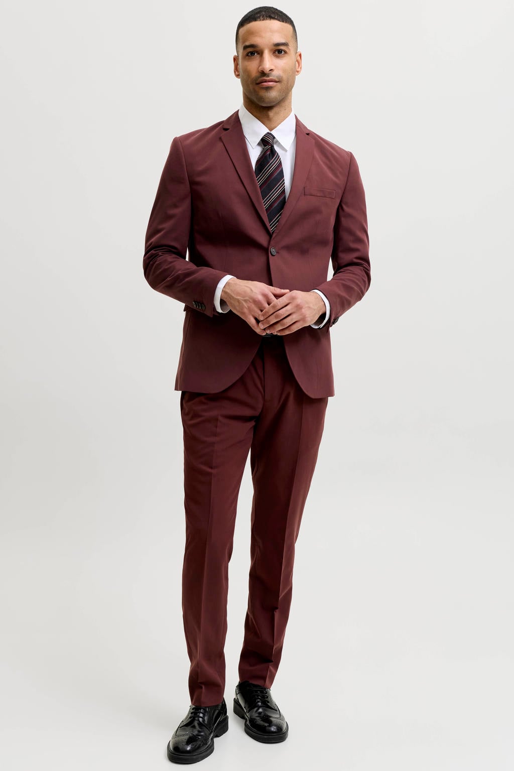 Roodbruine heren JACK & JONES PREMIUM slim fit gebreide colbert bruin van polyester met effen en reverskraag