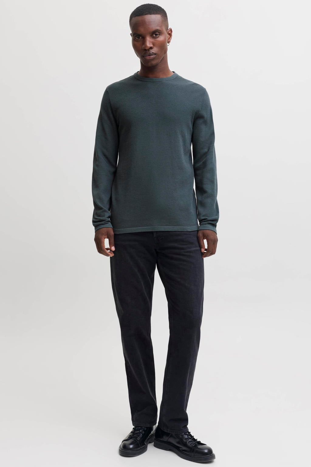 Grijsblauwe heren JACK & JONES regular fit gebreide trui blauw van katoen met effen, lange mouwen en ronde hals