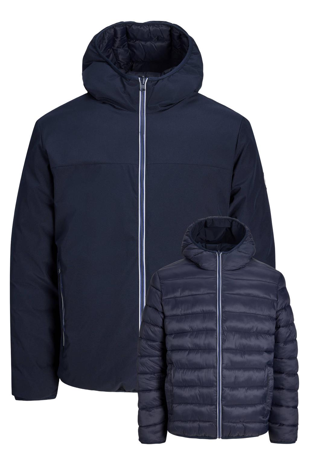 Donkerblauwe heren JACK & JONES ESSENTIALS tussenjas van polyester met effen, lange mouwen, capuchon, ritssluiting en reversible detail