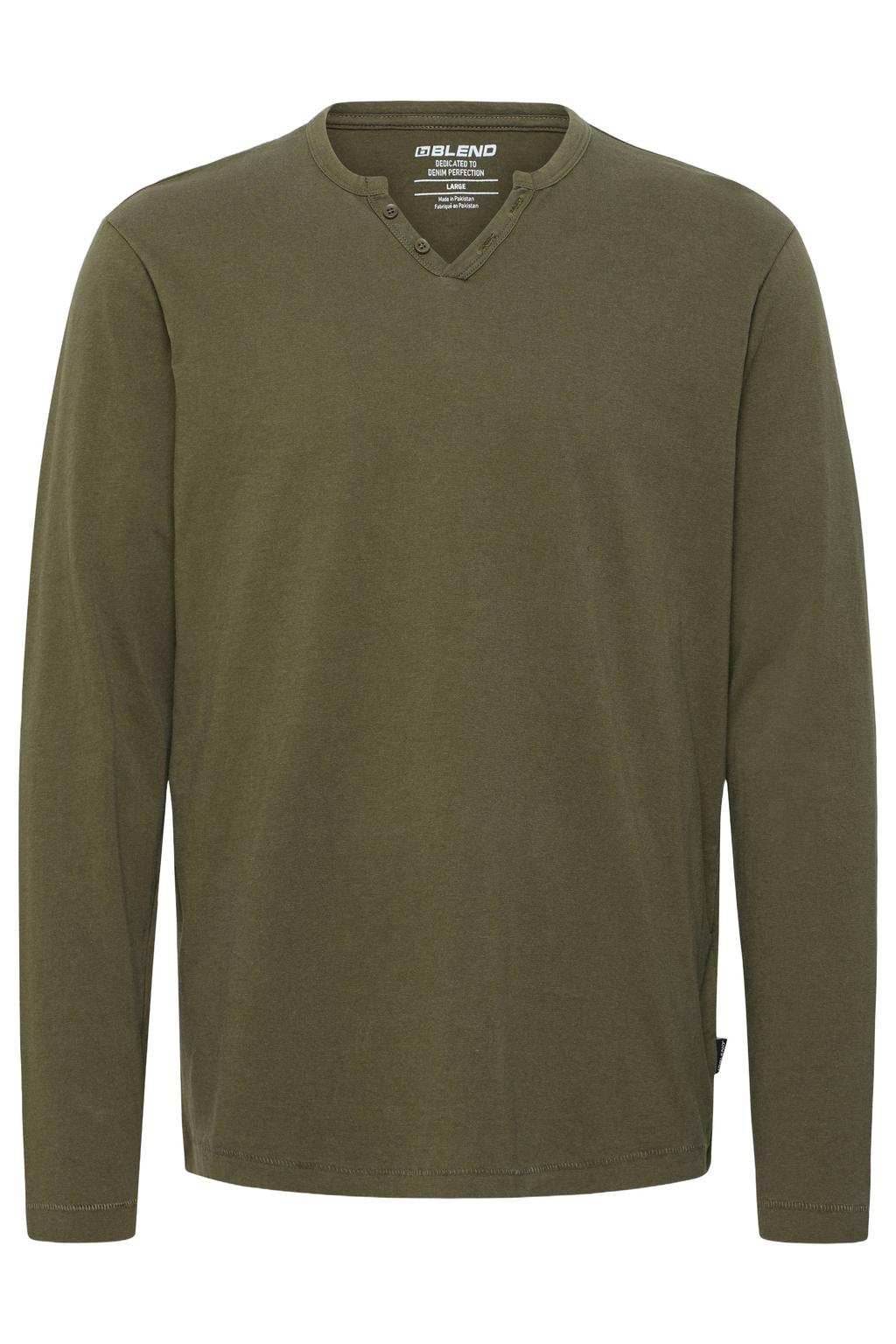 Donkergroene heren Blend regular fit longsleeve van katoen met effen, lange mouwen en henleykraag