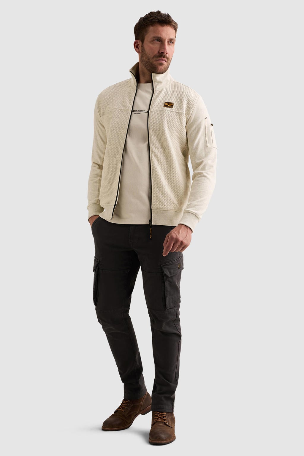 Ecru heren PME Legend sweatvest met effen, lange mouwen, opstaande kraag, ritssluiting en ingebreid patroon