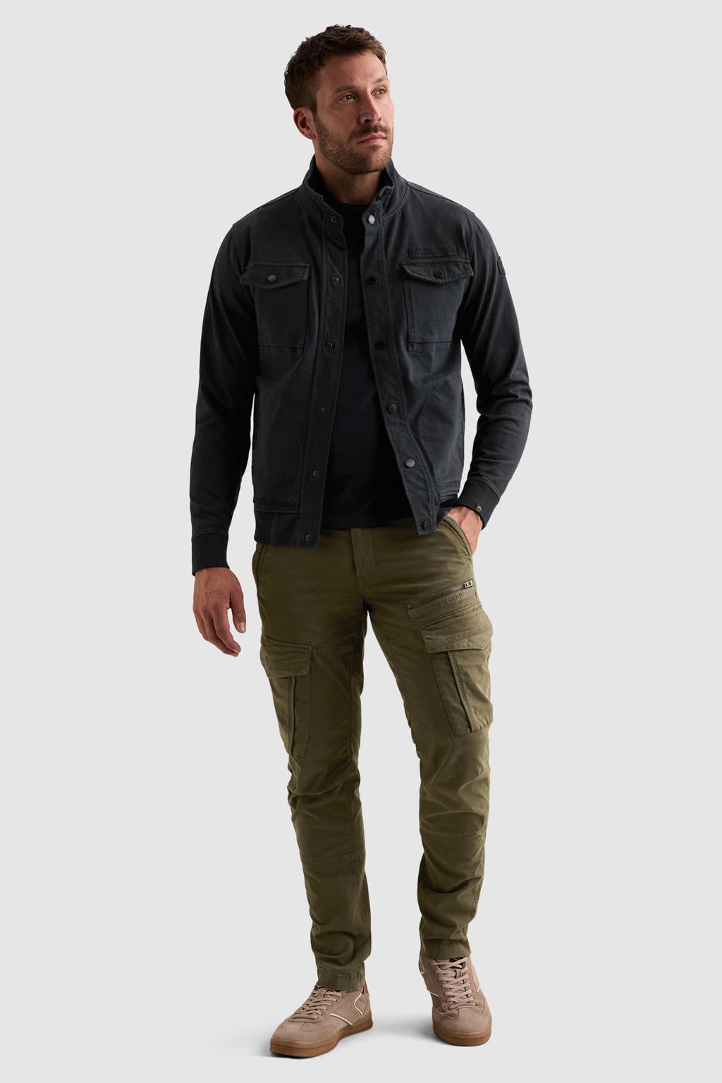 Donkerblauwe heren PME Legend sweatvest met effen, lange mouwen, opstaande kraag, drukknoopsluiting en elastische boord