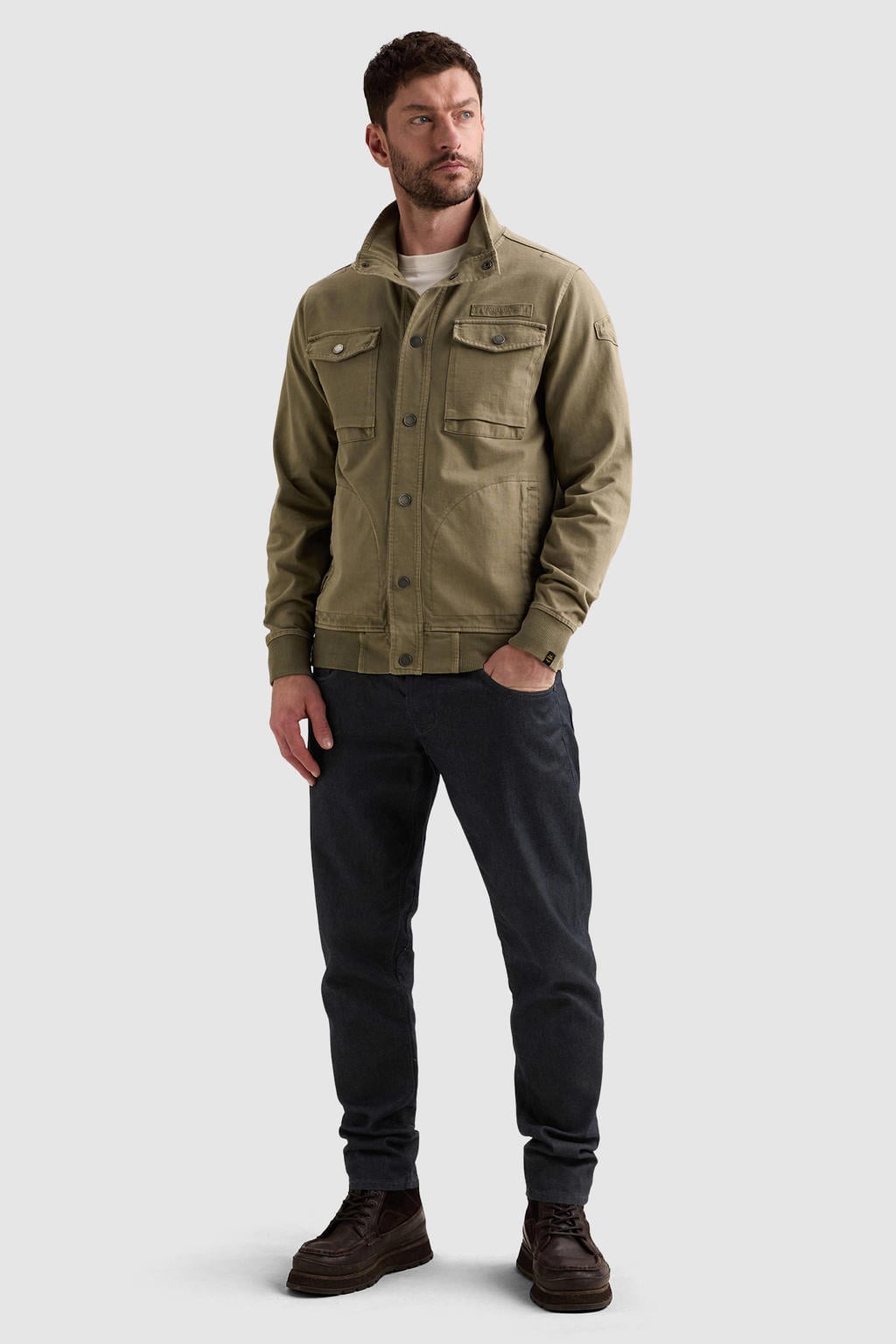 Groene heren PME Legend sweatvest met effen, lange mouwen, opstaande kraag, drukknoopsluiting en elastische boord