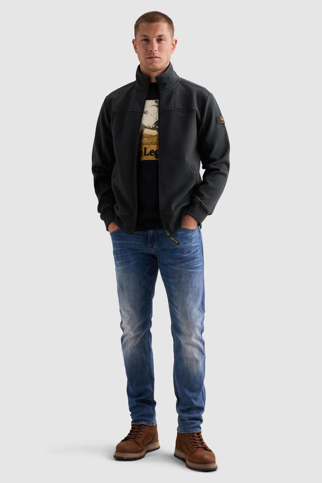 Donkerblauwe heren PME Legend sweatvest met effen, lange mouwen, opstaande kraag en ritssluiting