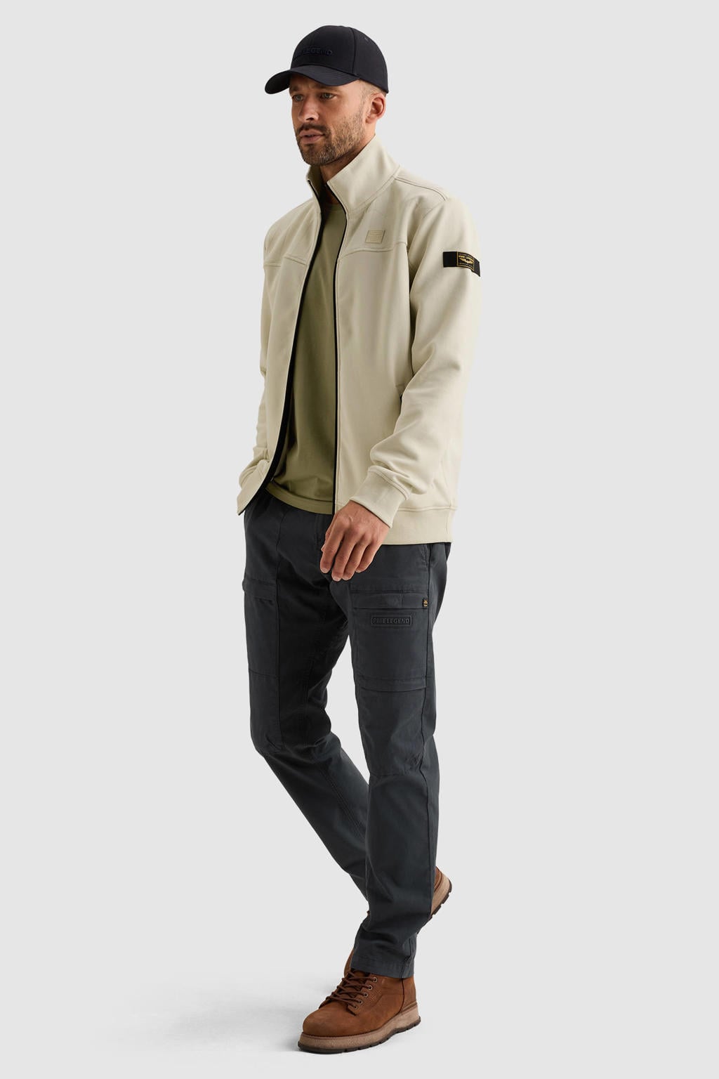 Ecru heren PME Legend sweatvest met effen, lange mouwen, opstaande kraag en ritssluiting