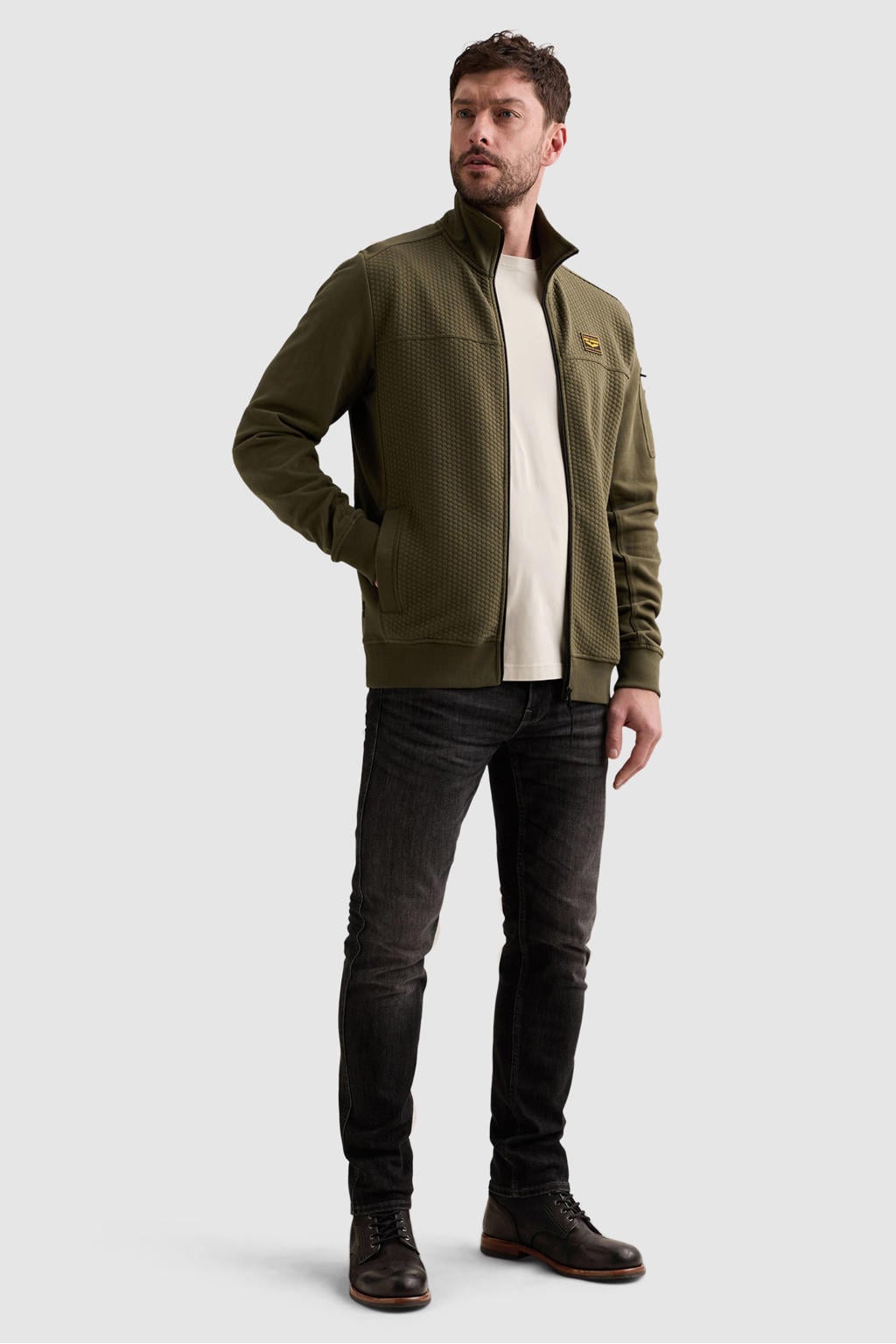 Donkergroene heren PME Legend sweatvest met effen, lange mouwen, opstaande kraag, ritssluiting en ingebreid patroon
