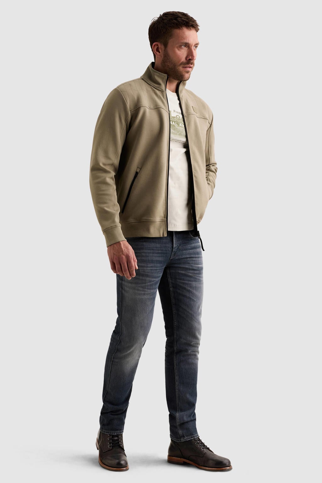 Beige heren PME Legend sweatvest met effen, lange mouwen, opstaande kraag en ritssluiting