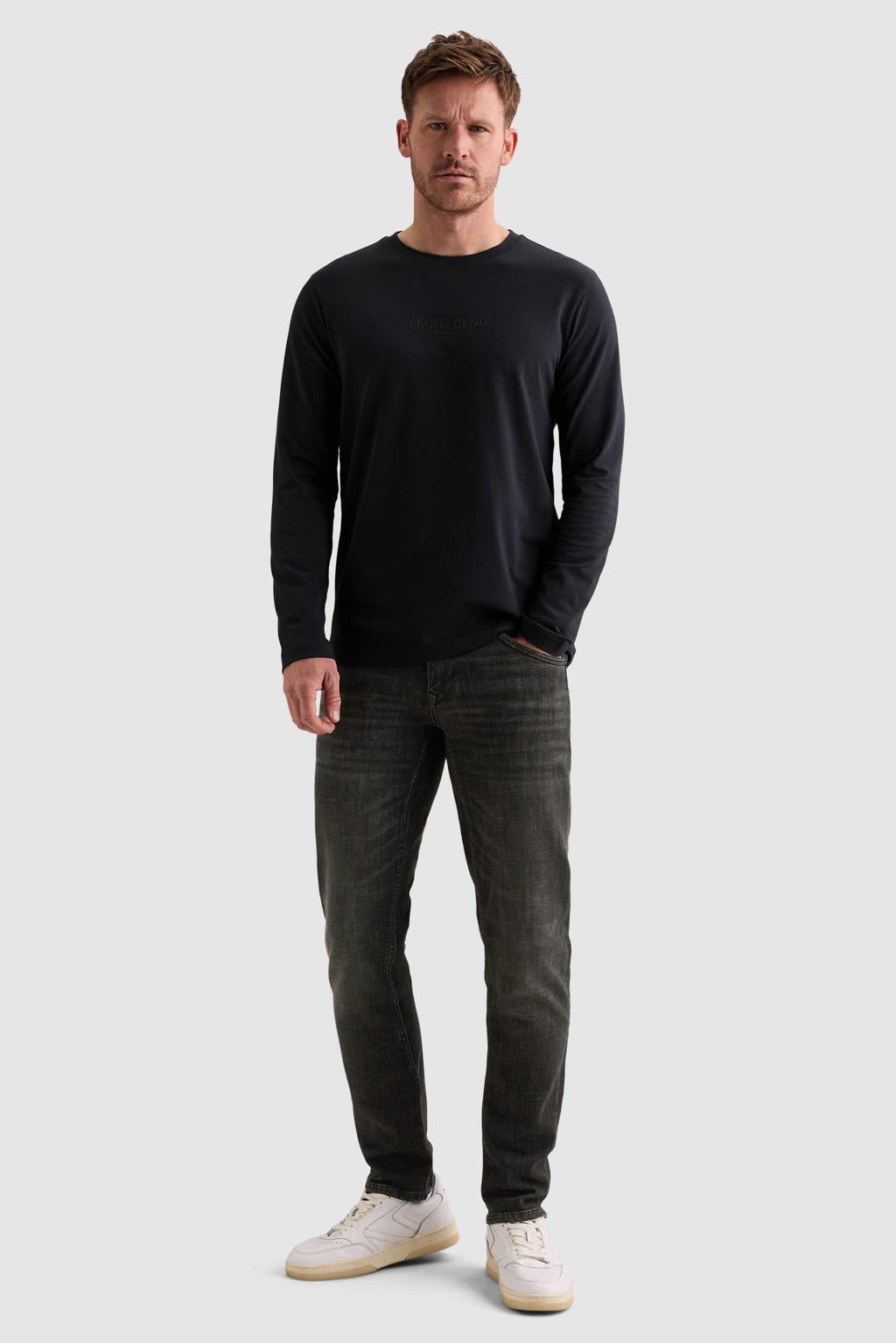 Donkerblauwe heren PME Legend regular fit longsleeve van katoen met lange mouwen en ronde hals