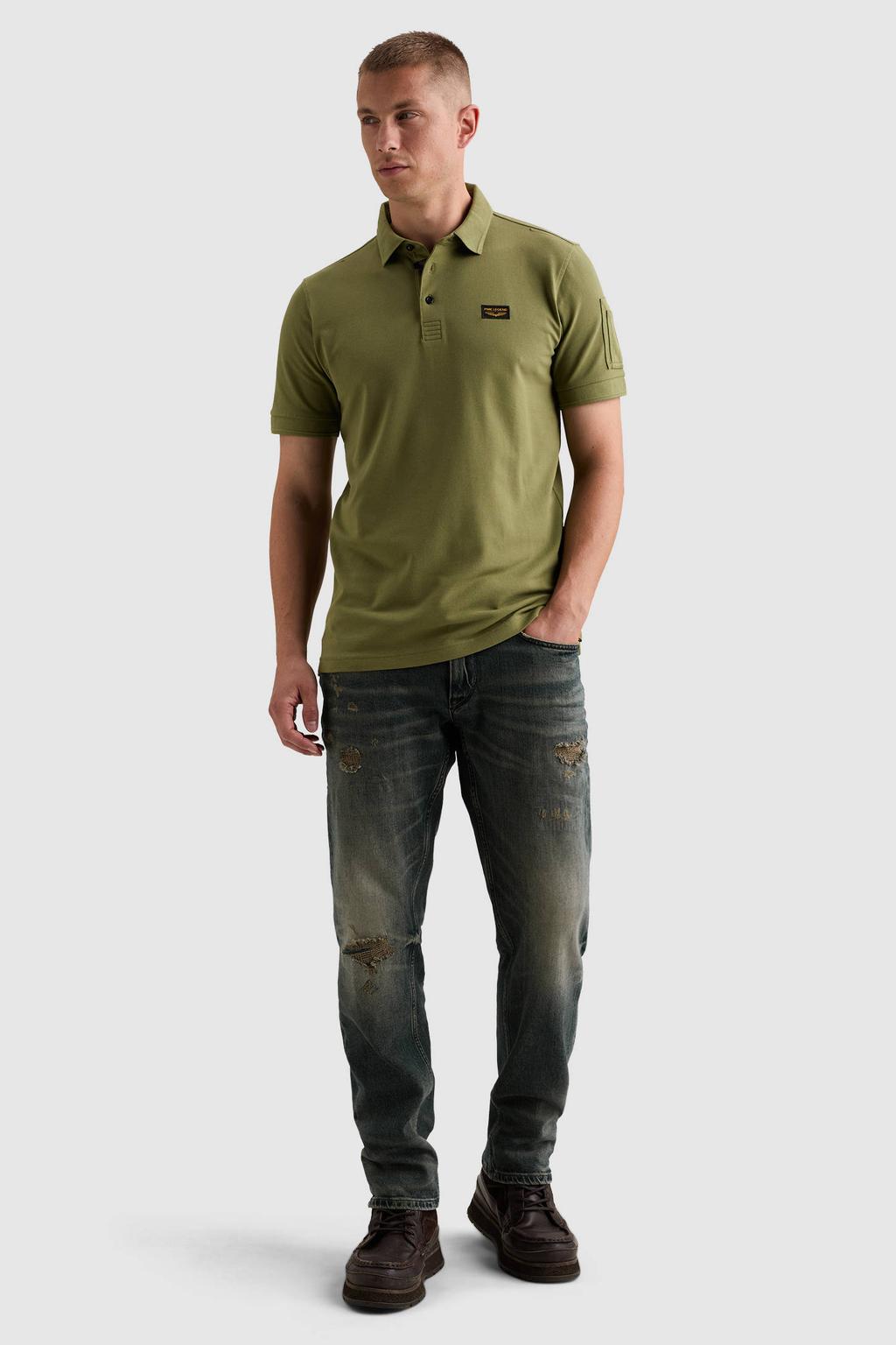 Groene heren PME Legend regular fit piqué polo van katoen met effen en korte mouwen