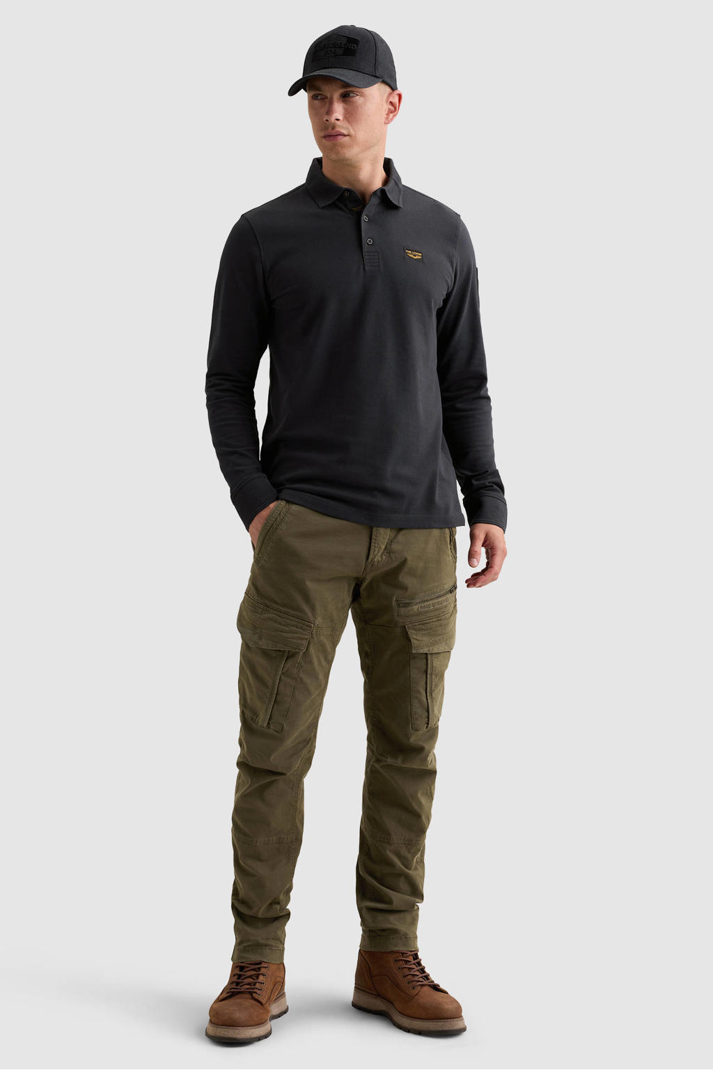 Zwarte heren PME Legend regular fit polo van katoen met effen en lange mouwen