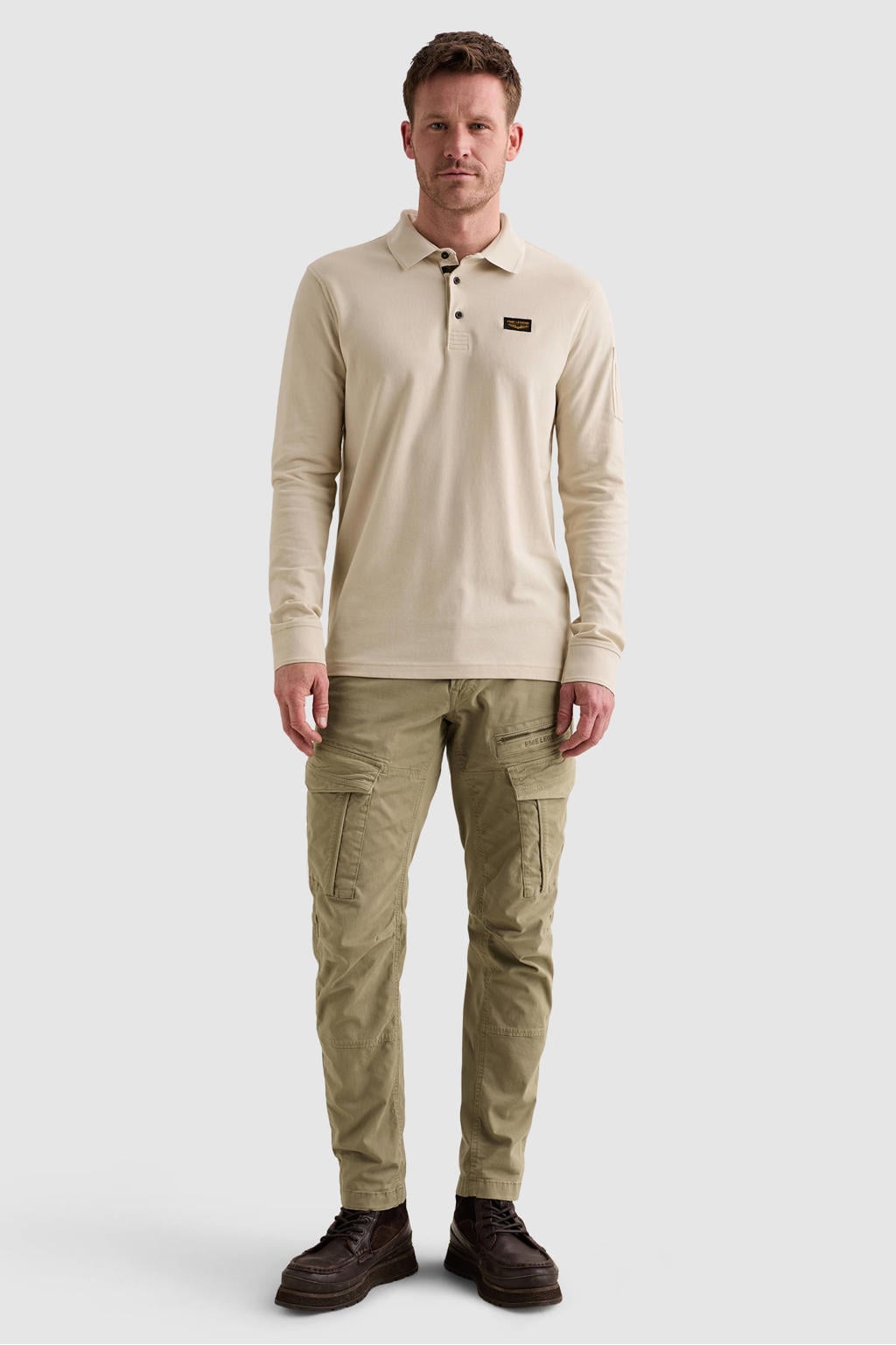 Ecru heren PME Legend regular fit polo van katoen met effen en lange mouwen