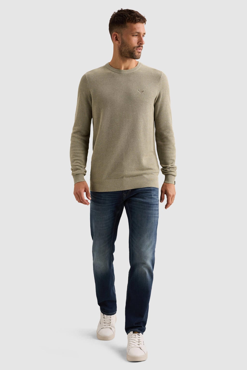 Ecru heren PME Legend regular fit gebreide trui van katoen met effen, lange mouwen en ronde hals