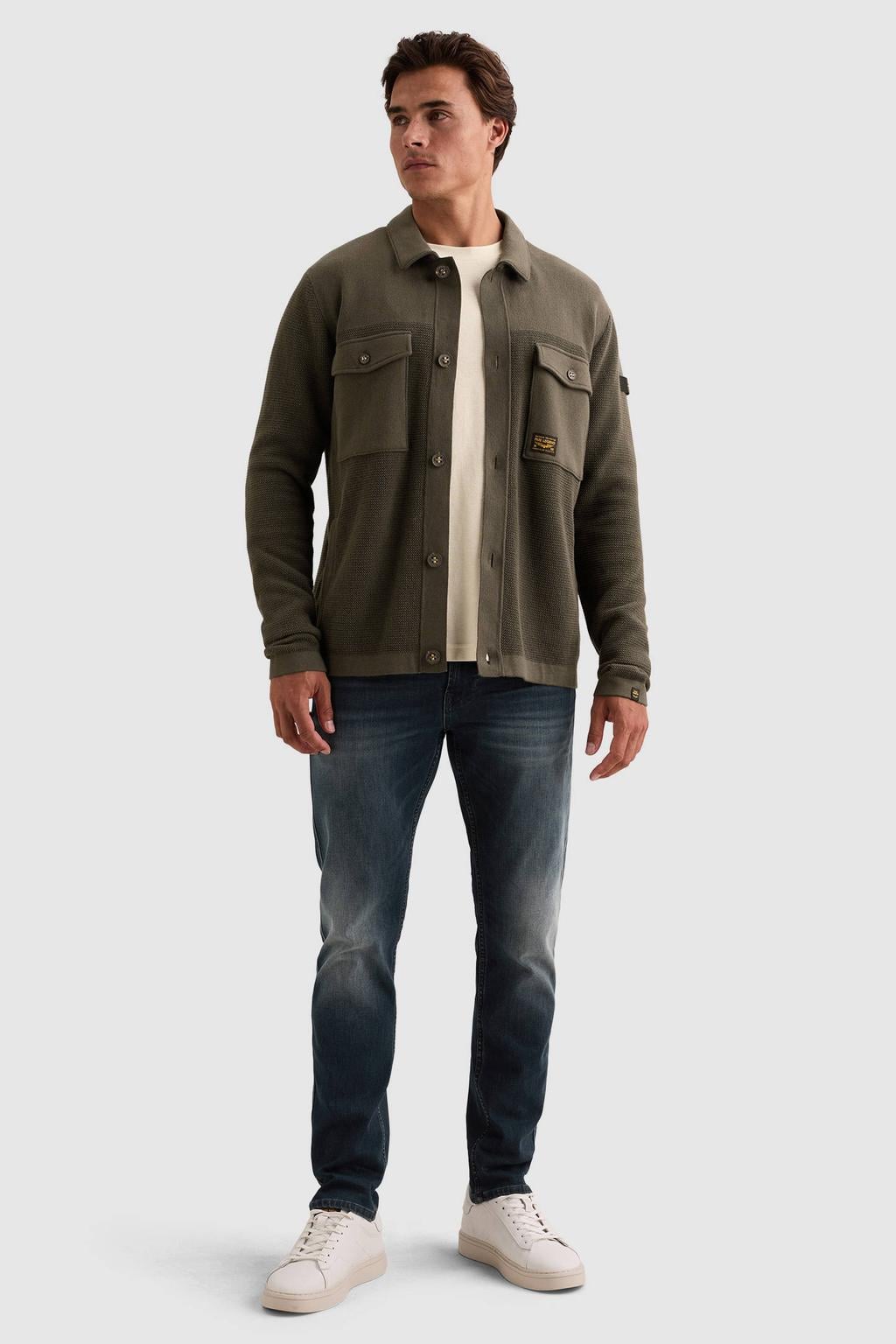 Donkergroene heren PME Legend katoenen gebreid vest met lange mouwen, klassieke kraag en knoopsluiting