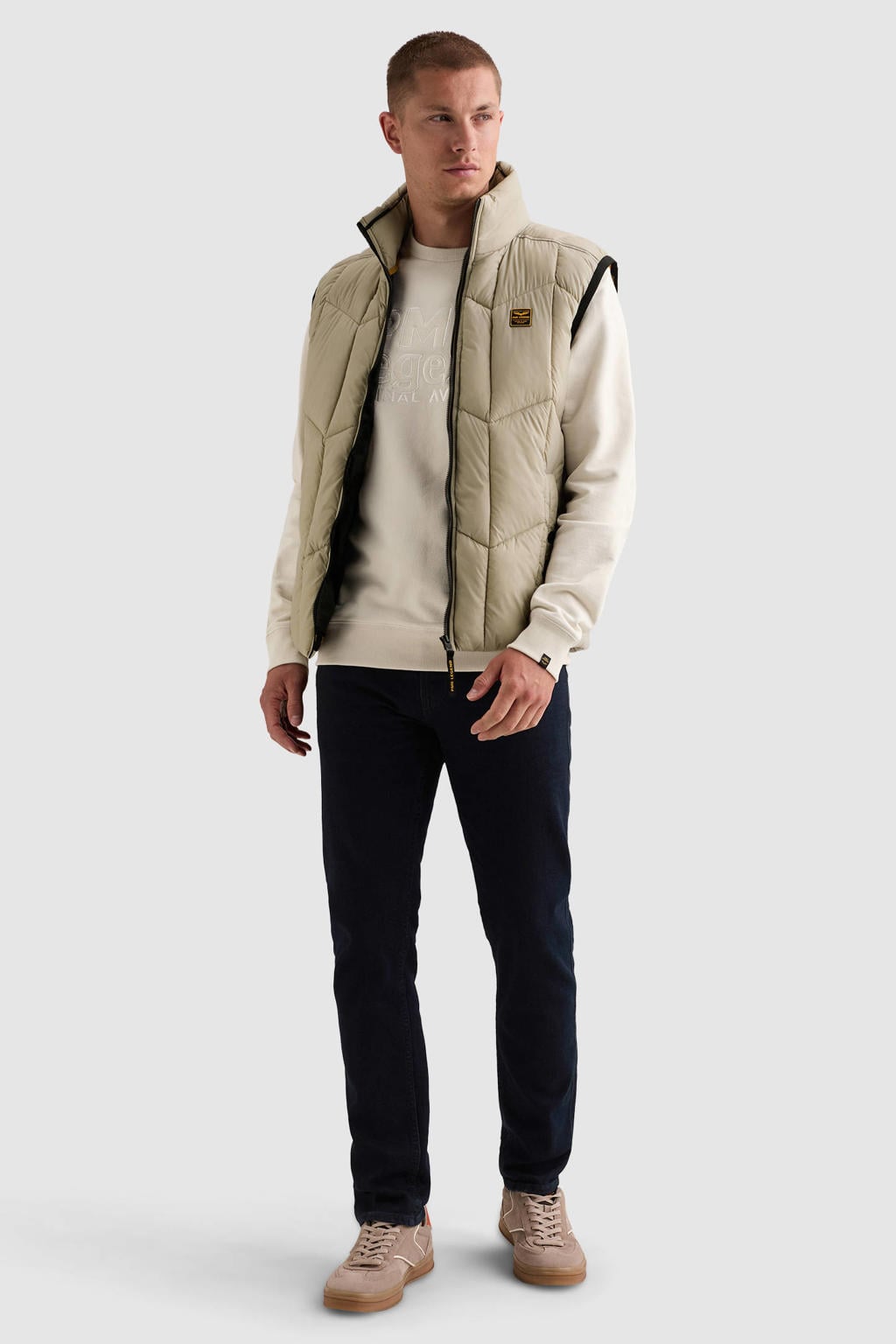 Beige heren PME Legend quilted bodywarmer van nylon met effen, opstaande kraag, ritssluiting en doorgestikte details