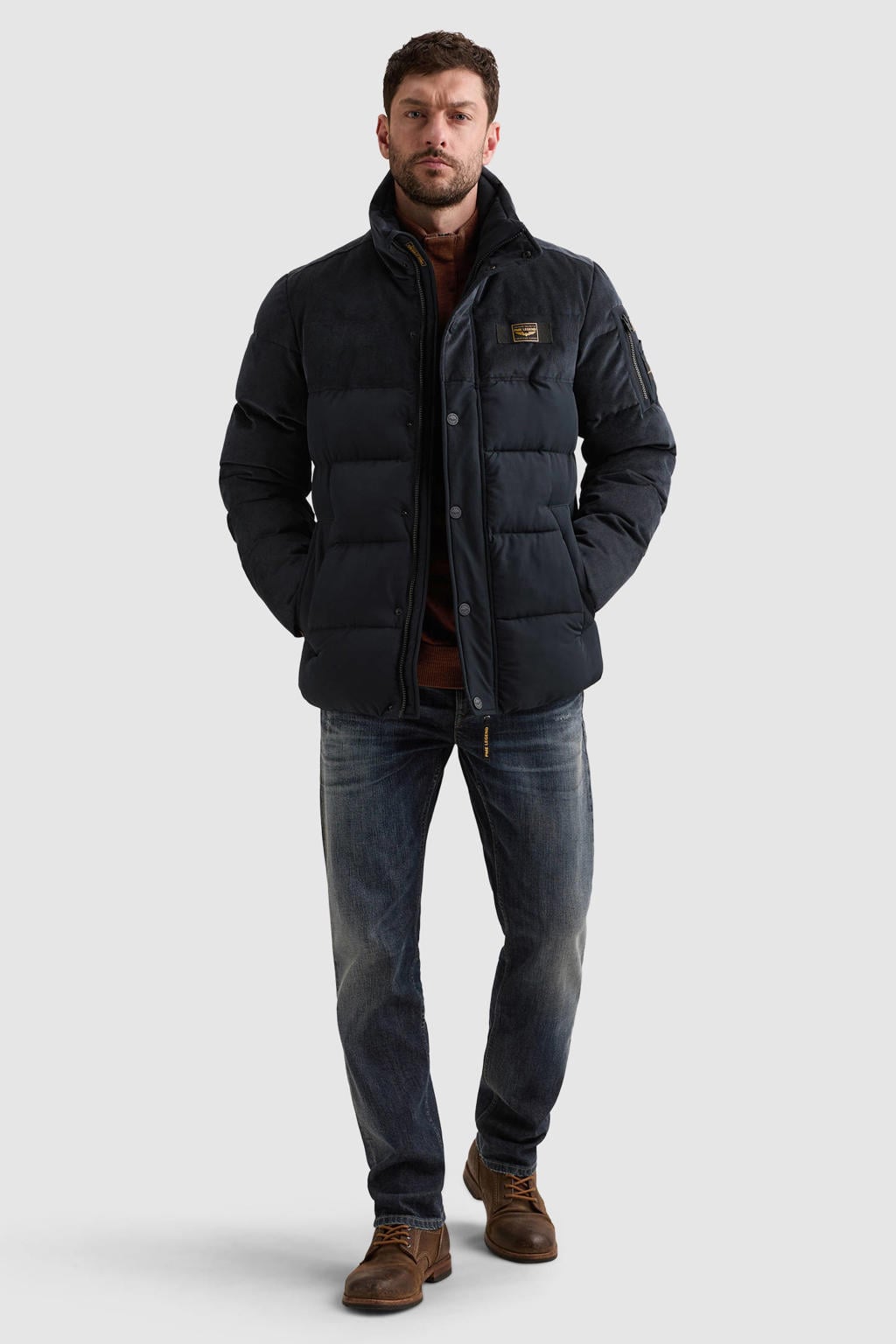 Donkerblauwe heren PME Legend corduroy gewatteerde winterjas met effen, lange mouwen, opstaande kraag en rits met windvanger