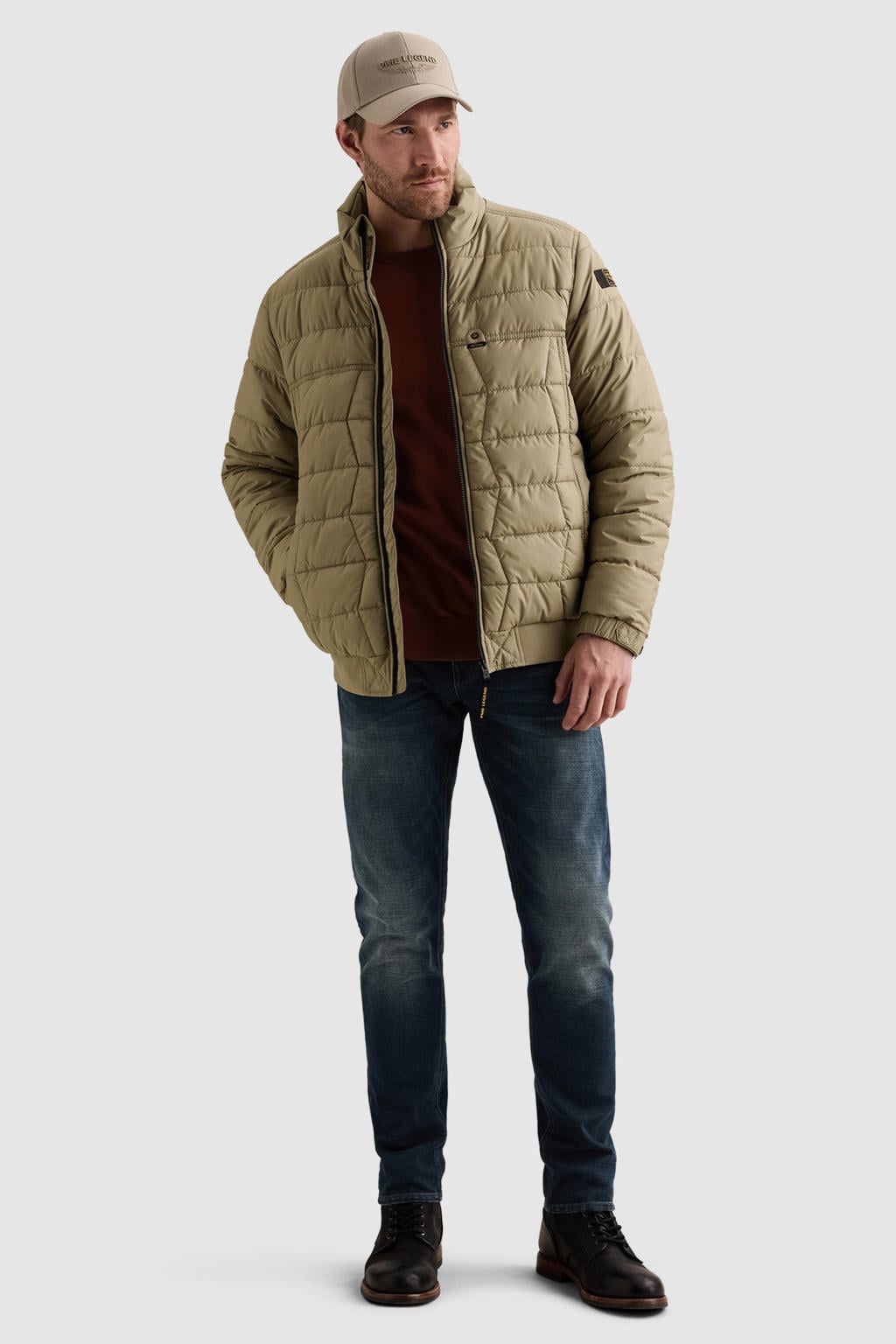Beige heren PME Legend quilted tussenjas van polyester met effen, lange mouwen, openvallende hals, ritssluiting en doorgestikte details