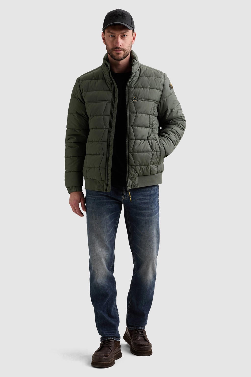 Grijze heren PME Legend quilted jas van polyester met effen, lange mouwen, ritssluiting en doorgestikte details