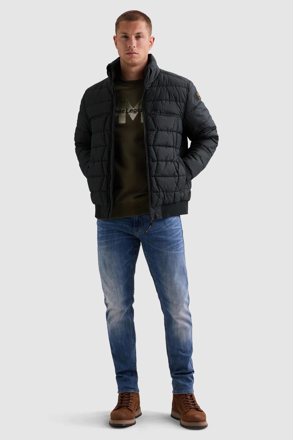 Donkerblauwe heren PME Legend quilted tussenjas van polyester met effen, lange mouwen, openvallende hals, ritssluiting en doorgestikte details