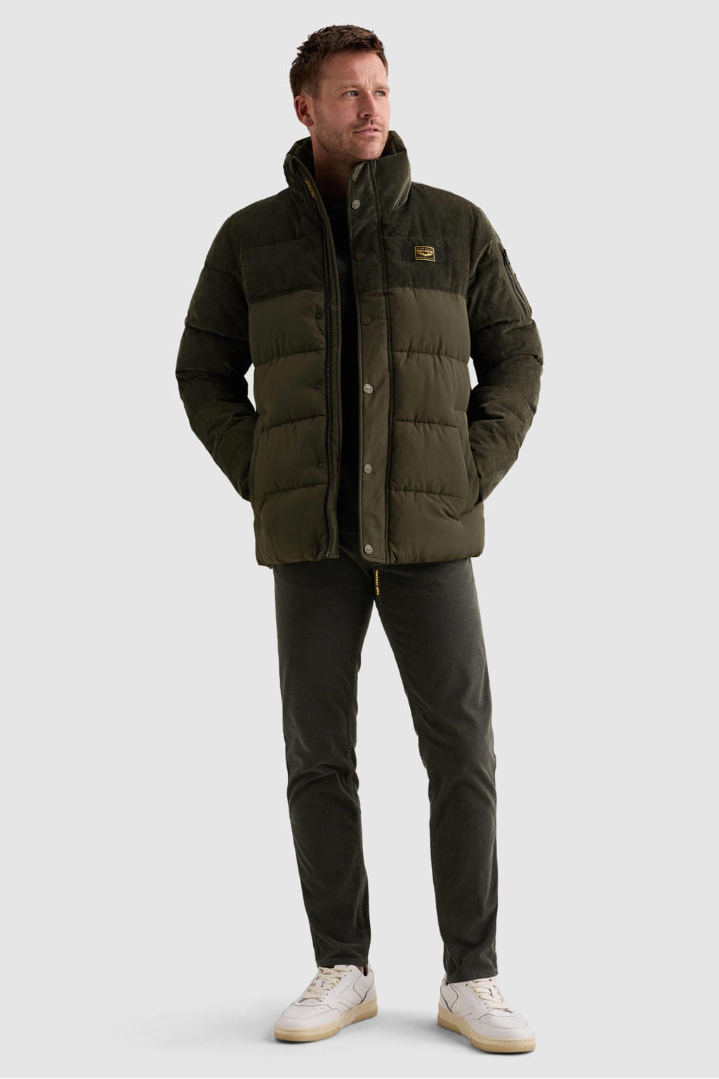 Donkergroene heren PME Legend Gobbler Mix corduroy winterjas met effen, lange mouwen, opstaande kraag en rits met windvanger