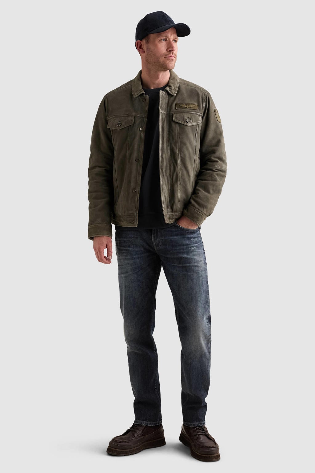 Donkergroene heren PME Legend Air Leather leren jas met effen, lange mouwen en ritssluiting