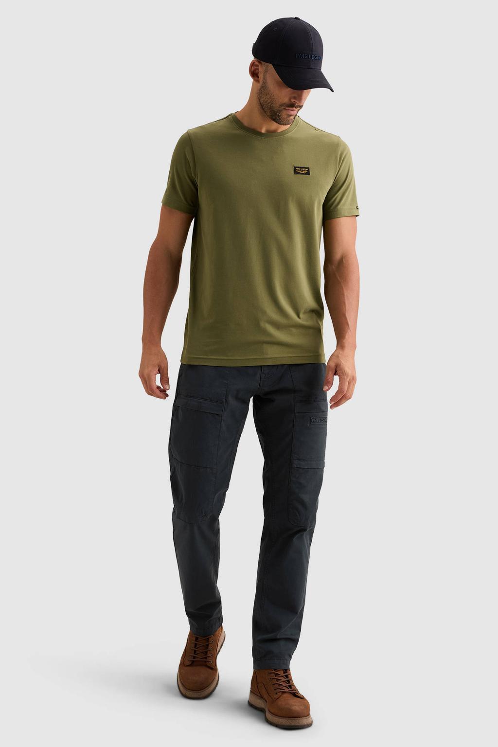 Groene heren PME Legend regular fit T-shirt van katoen met effen, korte mouwen en ronde hals