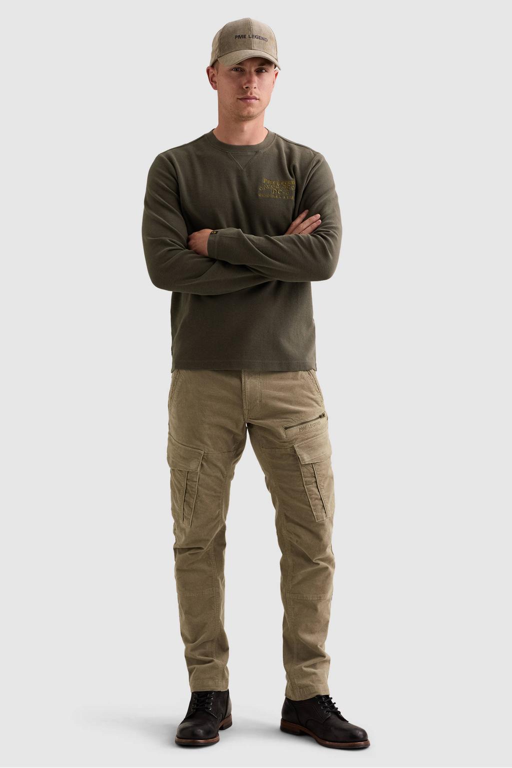 PME Legend regular fit longsleeve met wafelstructuur en print - donkergroen