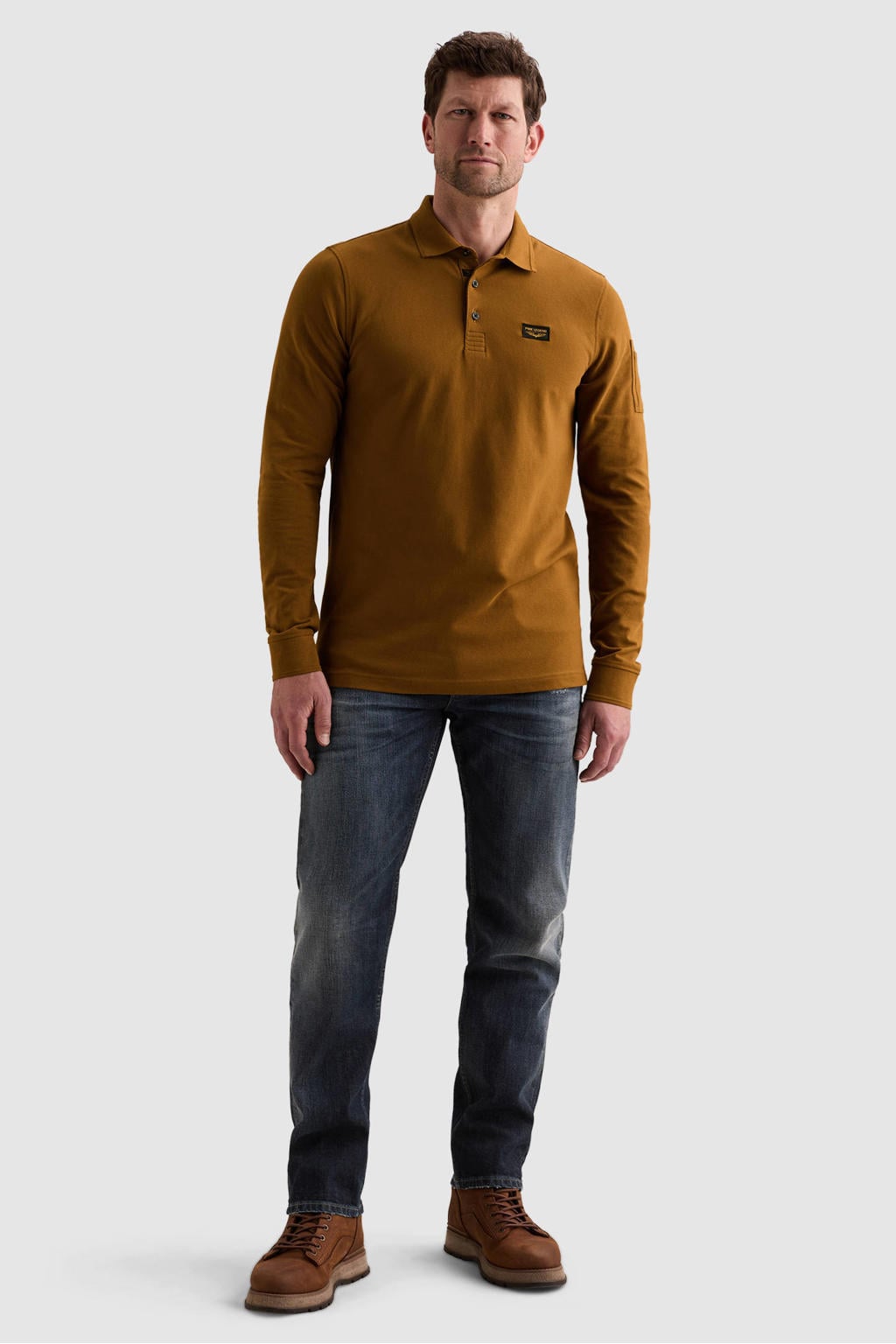 Okergele heren PME Legend regular fit polo bruin van katoen met effen en lange mouwen