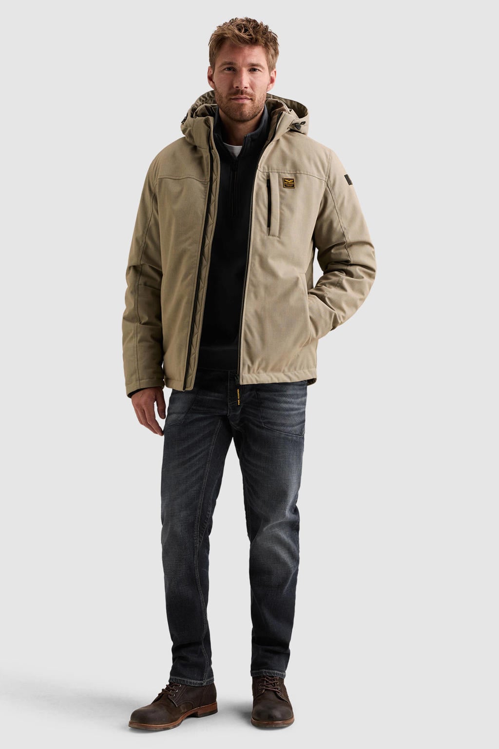 Beige heren PME Legend winterjas van polyester met effen, lange mouwen, capuchon en rits met windvanger