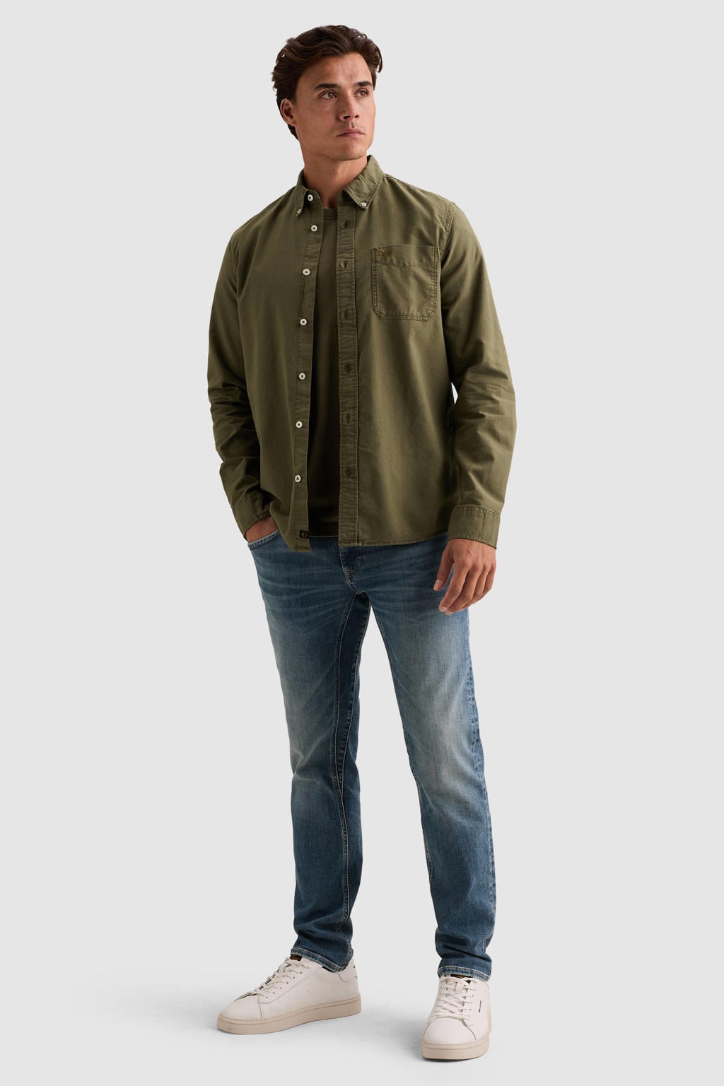 Donkergroene heren PME Legend regular fit oxford casual overhemd van katoen met effen, lange mouwen en button down sluiting