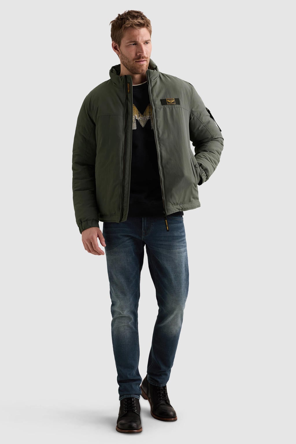 Grijsgroene heren PME Legend winterjas van nylon met effen, lange mouwen, opstaande kraag en ritssluiting