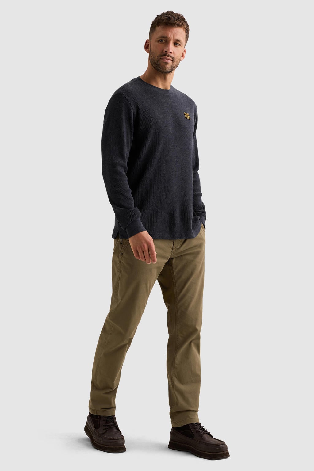 Donkerblauwe heren PME Legend regular fit longsleeve van katoen met effen, lange mouwen, ronde hals en wafel