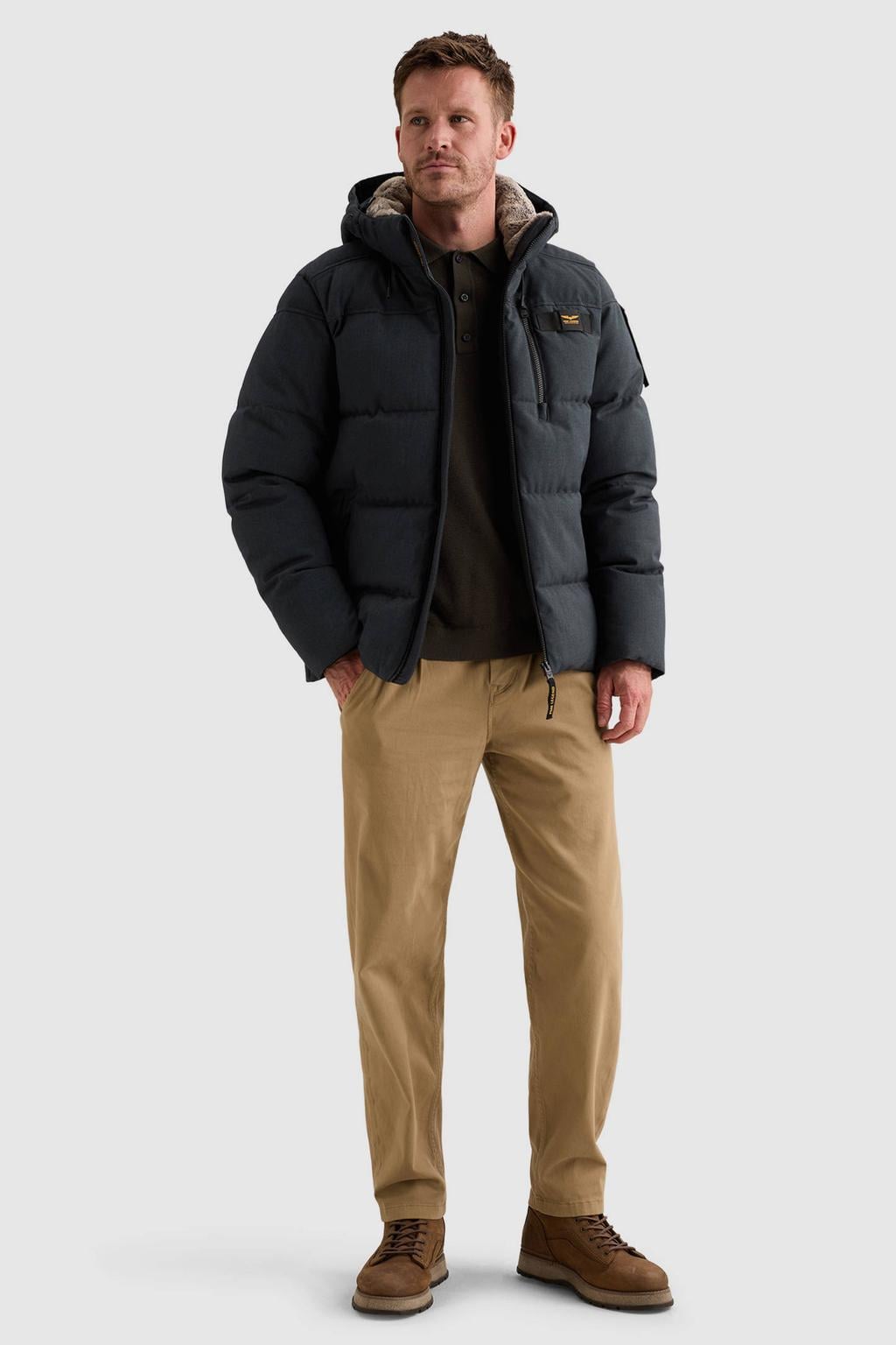 Donkerblauwe heren PME Legend pufferjas van polyester met effen, lange mouwen, capuchon, rits met windvanger en doorgestikte details