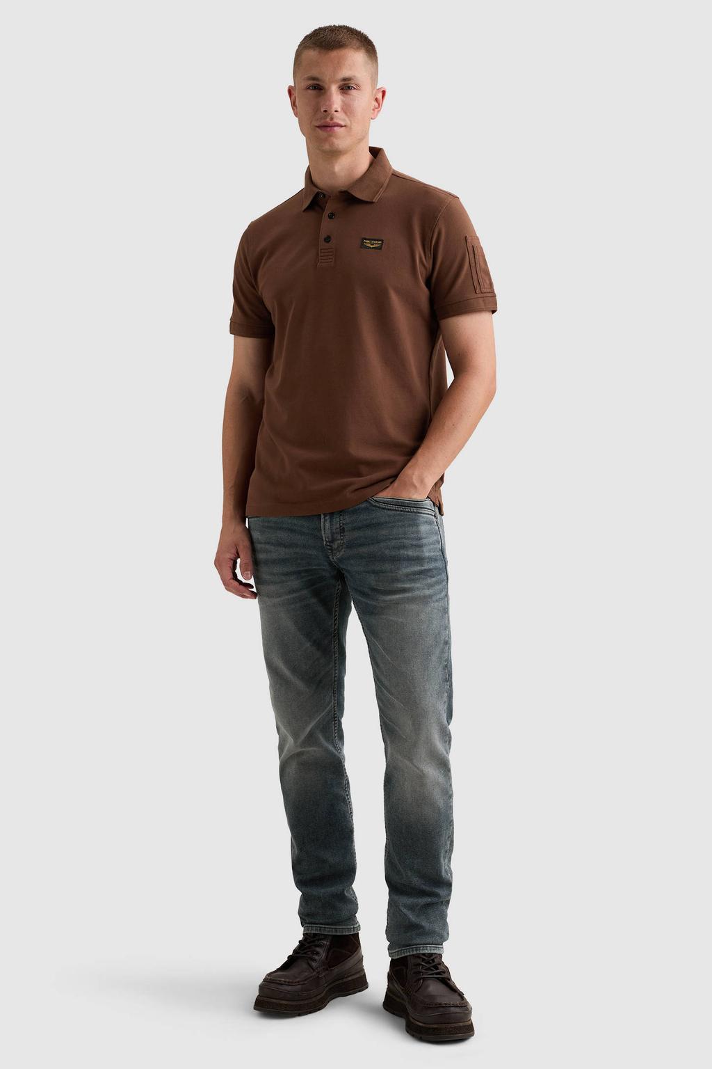 Bruine heren PME Legend American Classic regular fit piqué polo van katoen met effen en korte mouwen