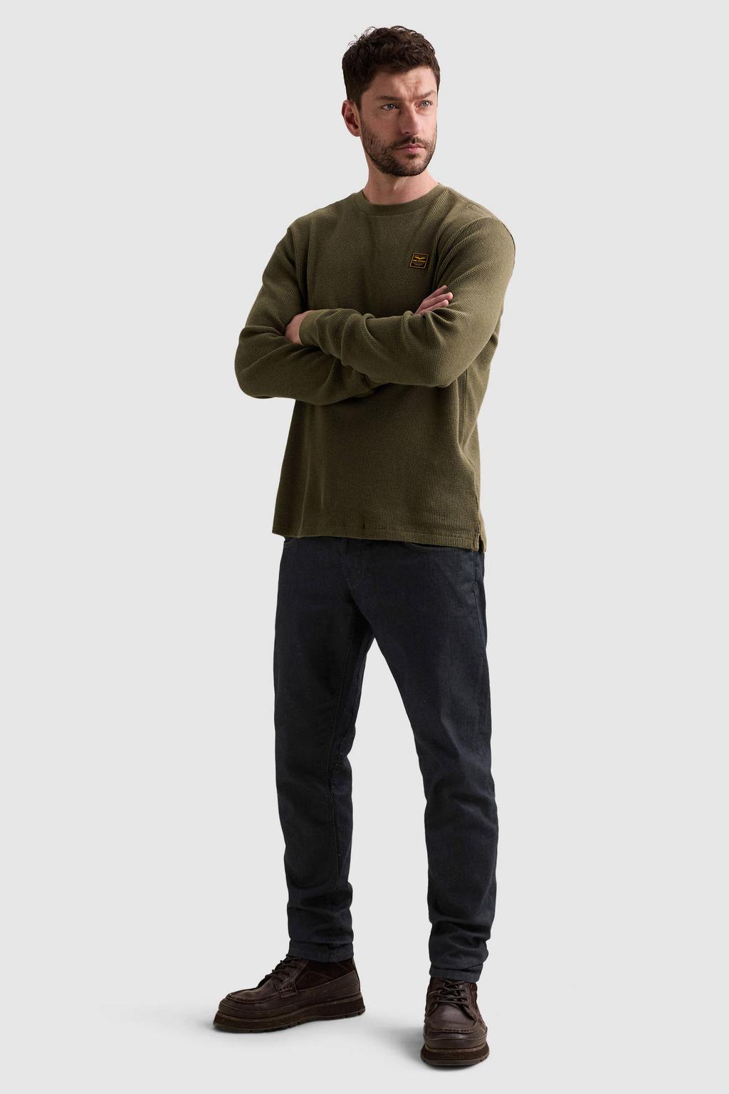 Donkergroene heren PME Legend regular fit longsleeve van katoen met effen, lange mouwen, ronde hals en wafel