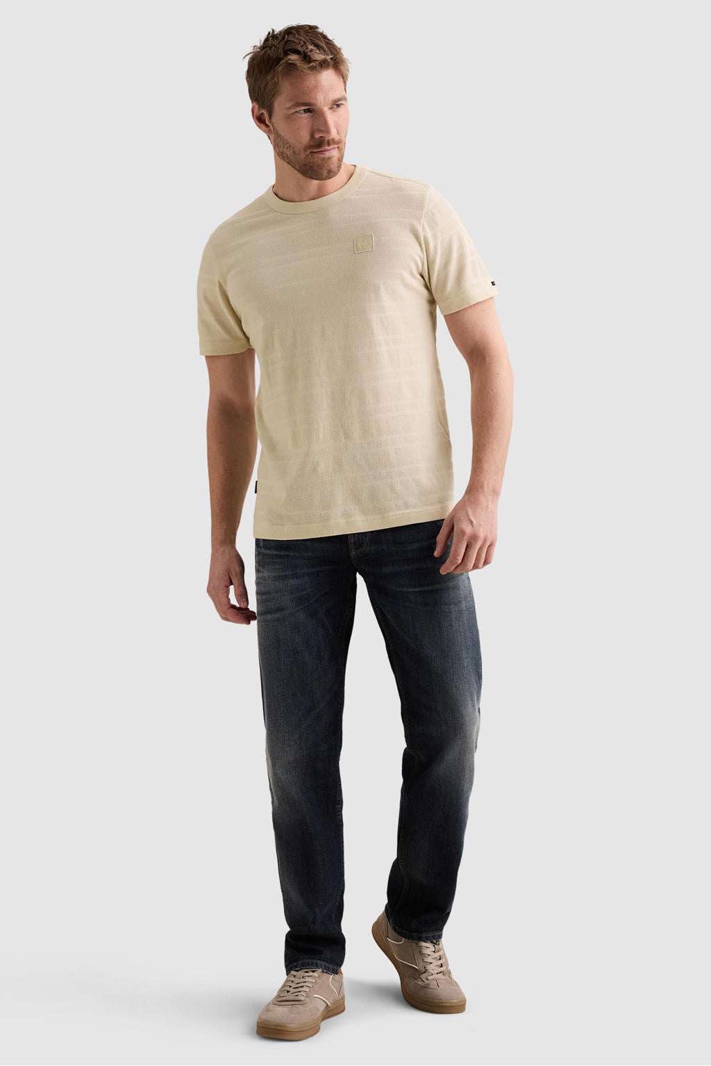 Ecru heren PME Legend regular fit T-shirt van katoen met effen, korte mouwen, ronde hals en textuur