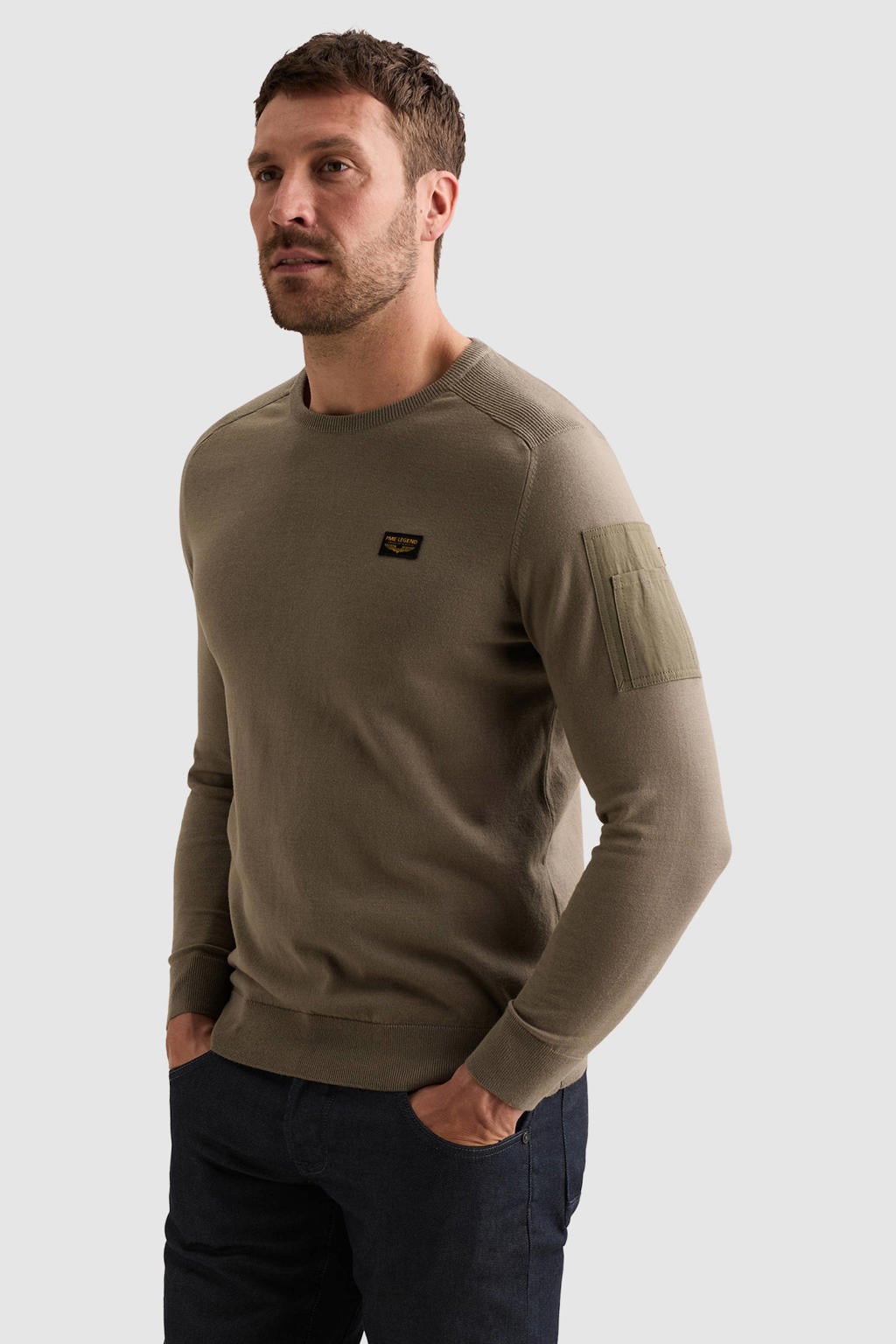 Bruine heren PME Legend American Classic katoenen regular fit gebreide trui met melée print, lange mouwen en ronde hals