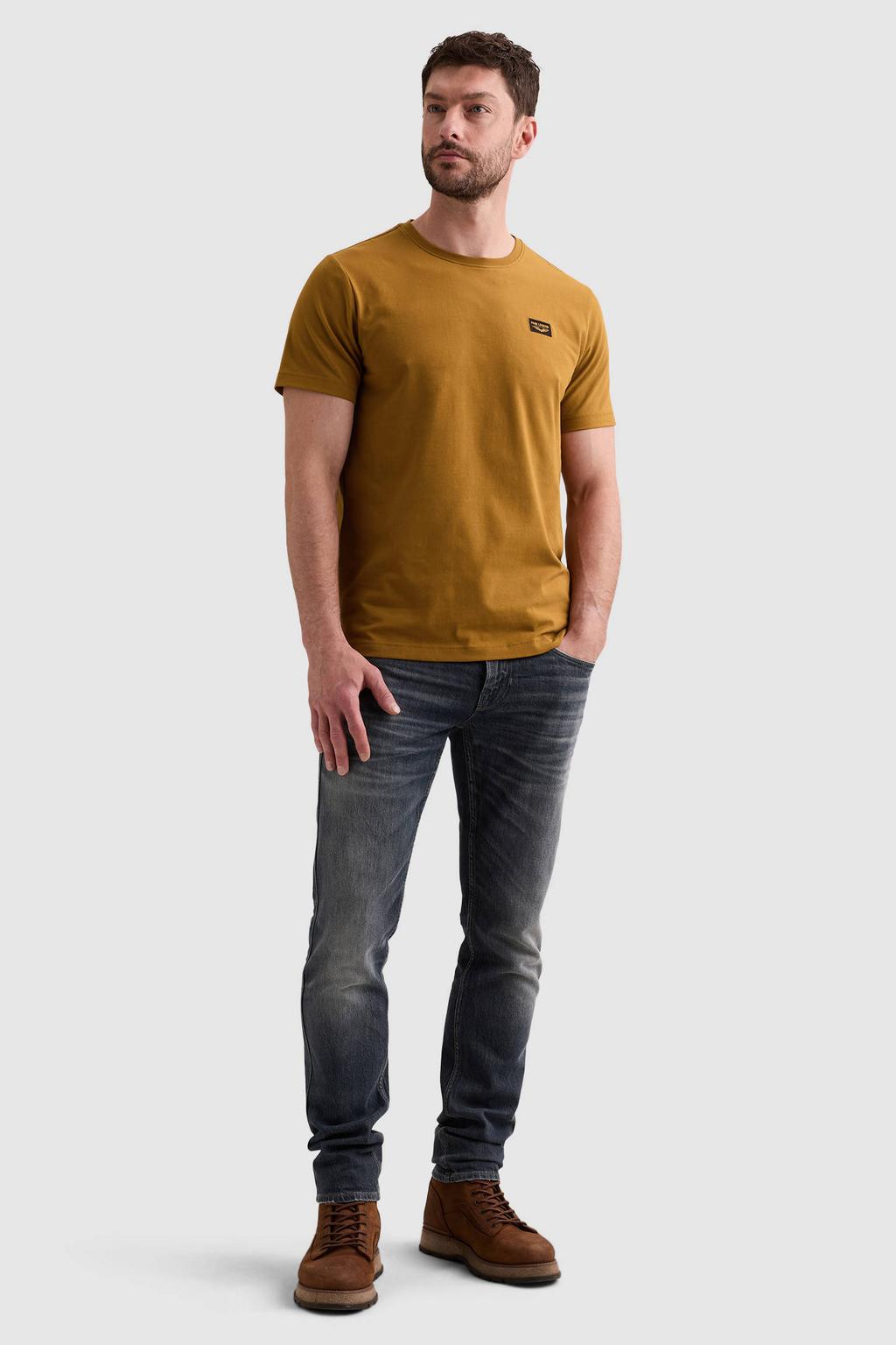 Okergele heren PME Legend regular fit T-shirt bruin van katoen met effen, korte mouwen en ronde hals