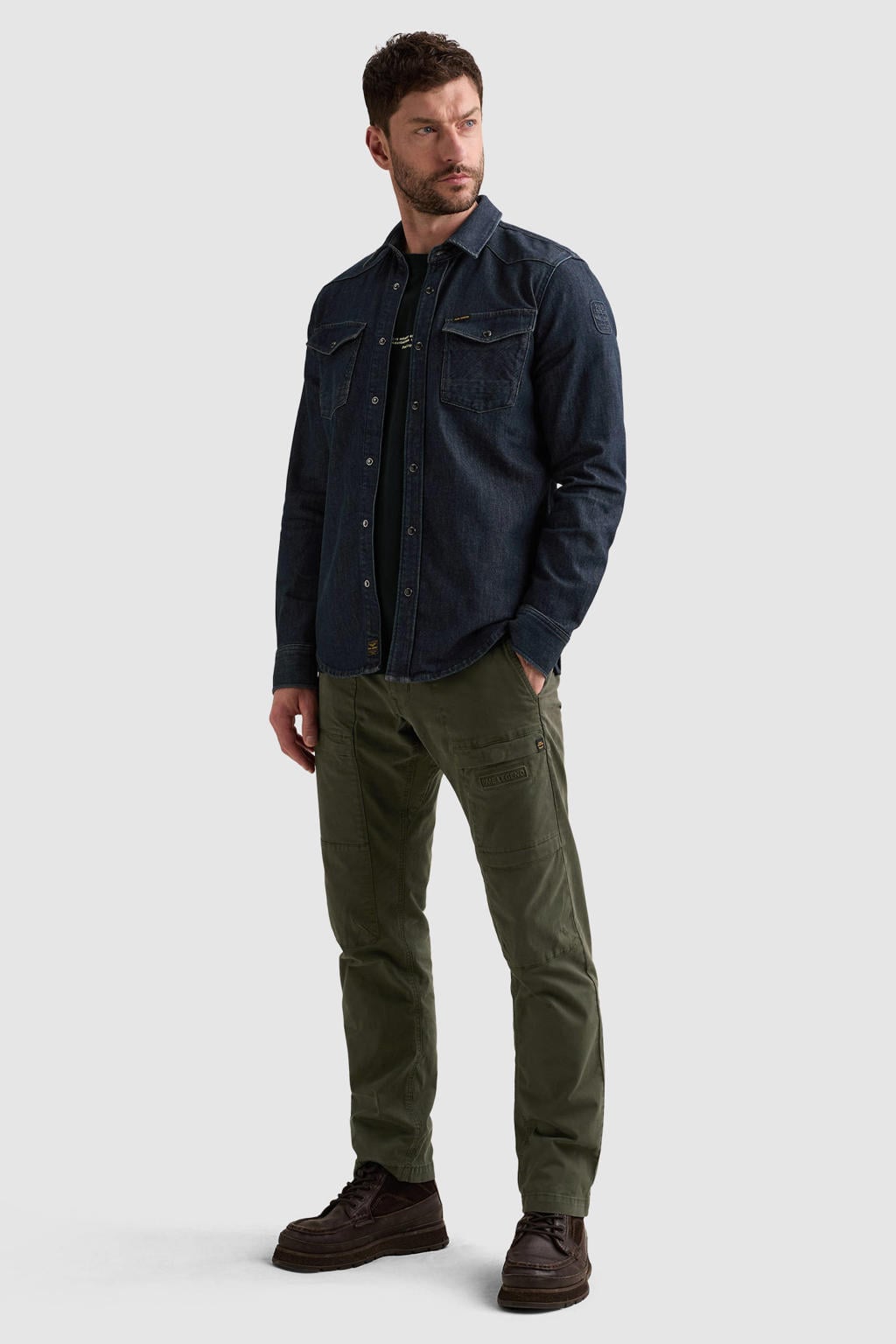 Donkerblauwe heren PME Legend regular fit casual overhemd van denim met effen, lange mouwen, klassieke kraag en drukknoopsluiting