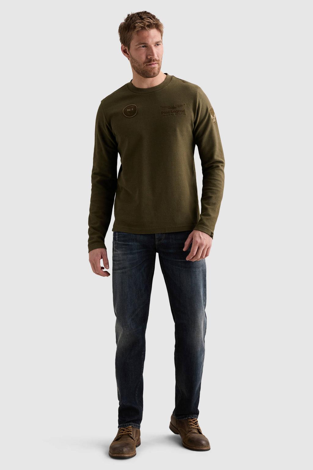 Donkergroene heren PME Legend regular fit longsleeve van katoen met effen, lange mouwen, ronde hals en patches