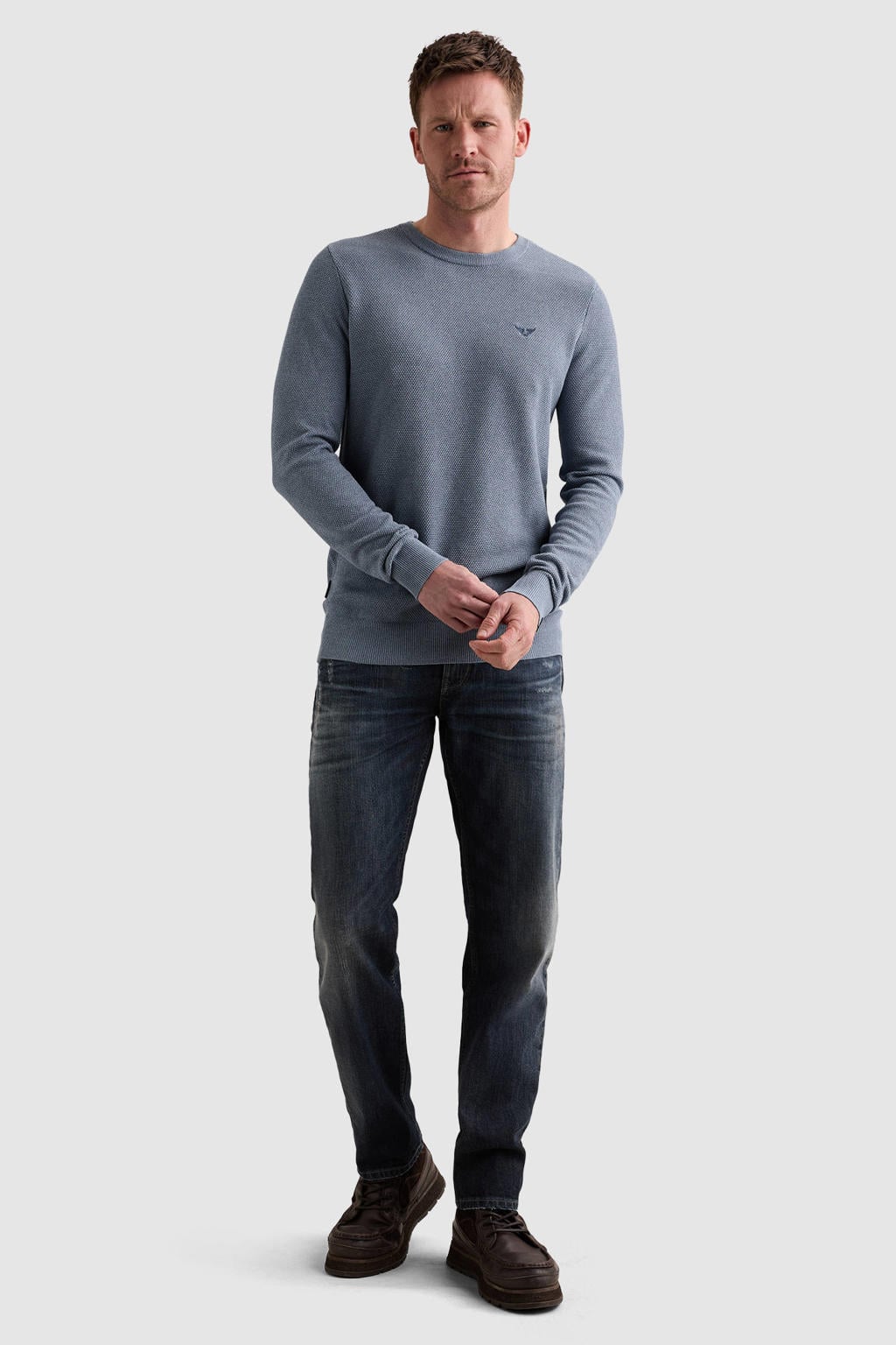 Blauwe heren PME Legend regular fit gebreide trui van katoen met effen, lange mouwen en ronde hals
