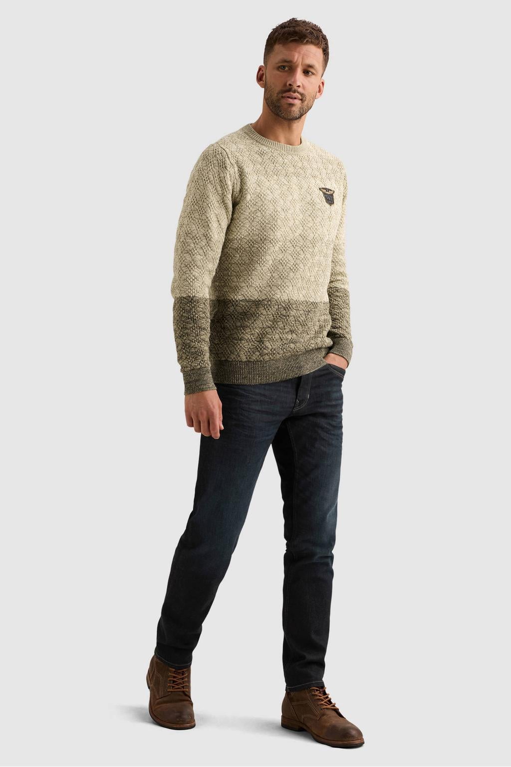 Beige heren PME Legend katoenen regular fit gebreide trui met meerkleurige print, lange mouwen en ronde hals
