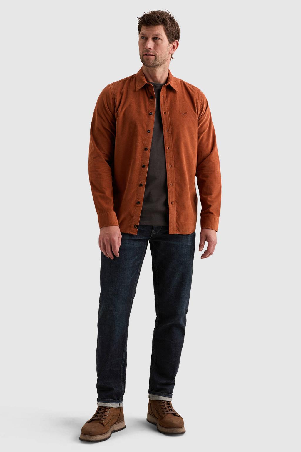 Donker oranje heren PME Legend regular fit overhemd details van corduroy met effen, lange mouwen en klassieke kraag