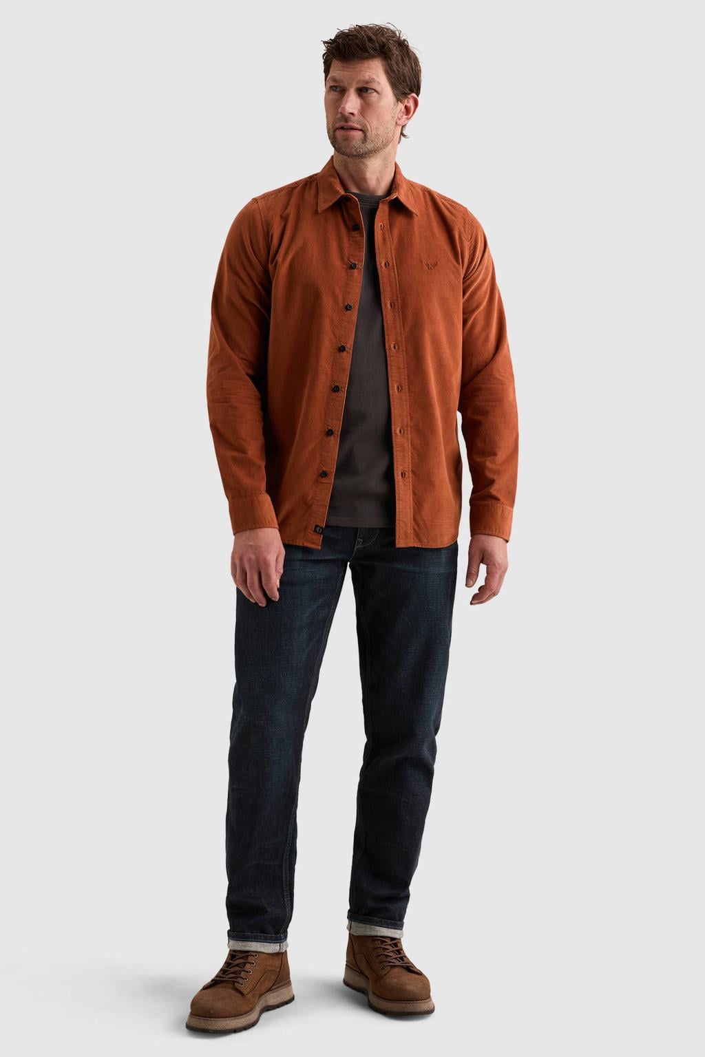 Donker oranje heren PME Legend regular fit overhemd details van corduroy met effen, lange mouwen en klassieke kraag