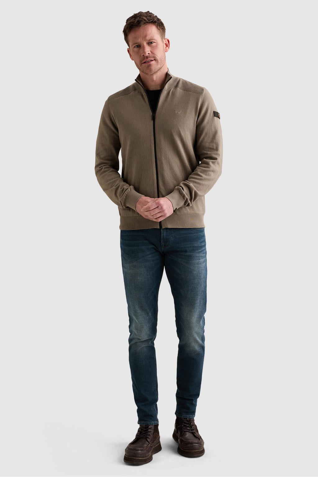 Lichtbruine heren PME Legend katoenen gemêleerde gebreide vest met melée print, lange mouwen, opstaande kraag en ritssluiting