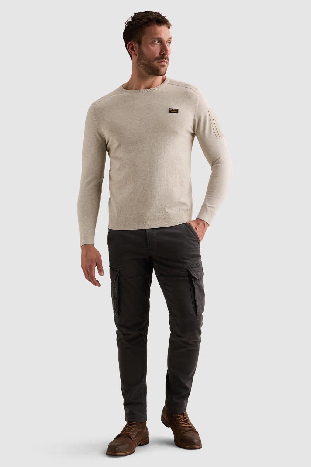 Ecru heren PME Legend regular fit gebreide gemêleerde trui van katoen met melée print, lange mouwen en ronde hals